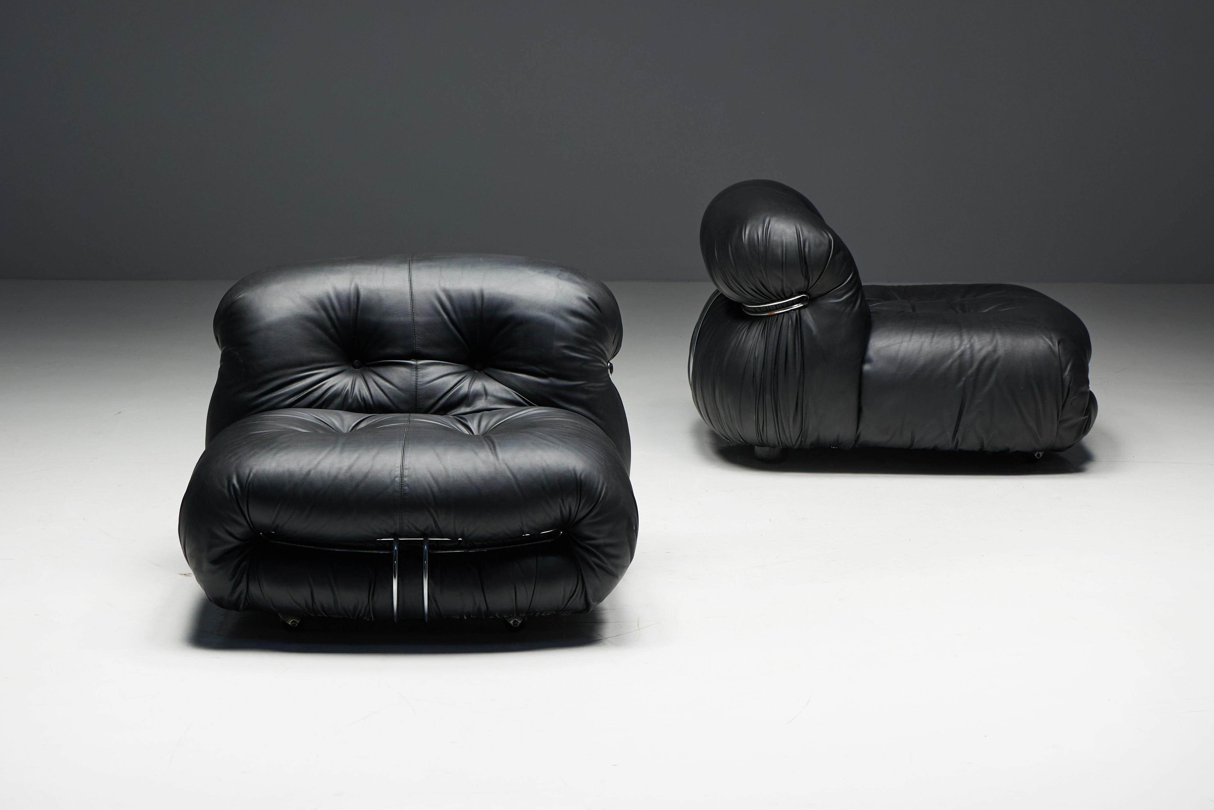 Pair of Soriana lounge chairs by Afra and Tobia Scarpa for Cassina, a rare and highly sought-after example of Italian design from the 1970s. Upholstered in luxurious black leather, these iconic chairs are celebrated for their distinctive form and