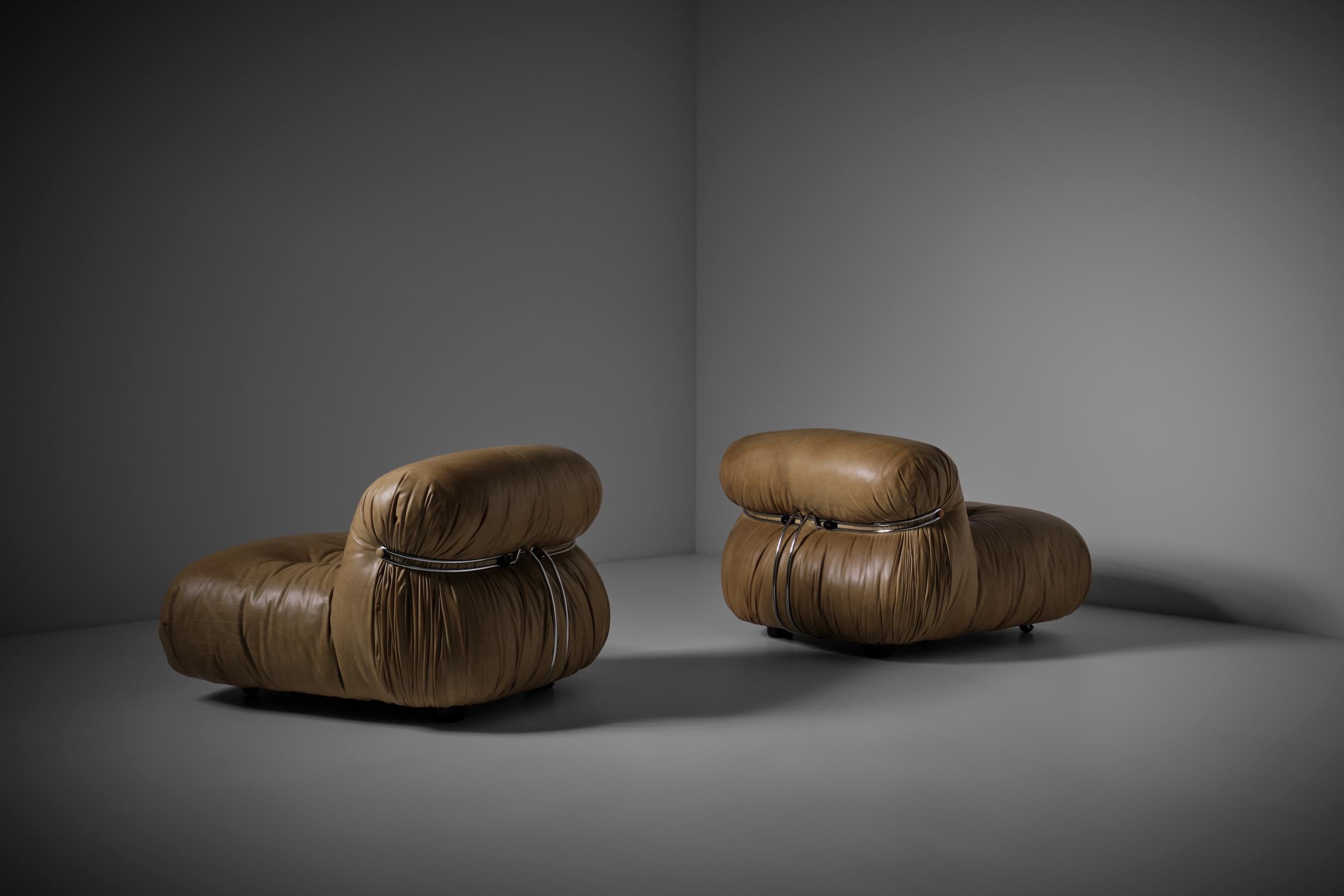 Mid-20th Century Soriana Lounge Chairs by Afra & Tobia Scarpa in Original Leather, Italy, 1969 For Sale