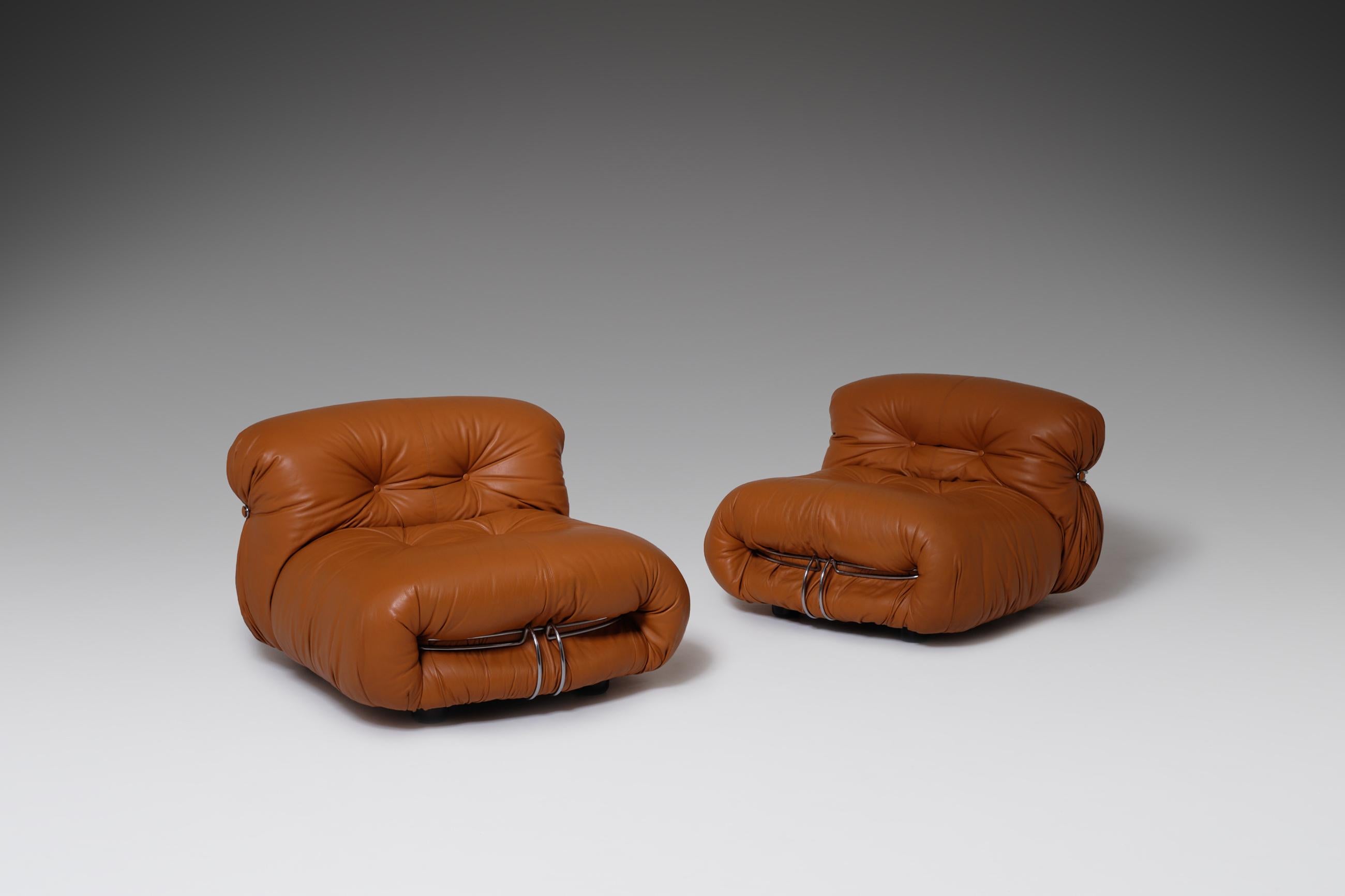 Mid-Century Modern Soriana Lounge Chairs in Cognac Leather by Afra & Tobia Scarpa, Italy, 1969