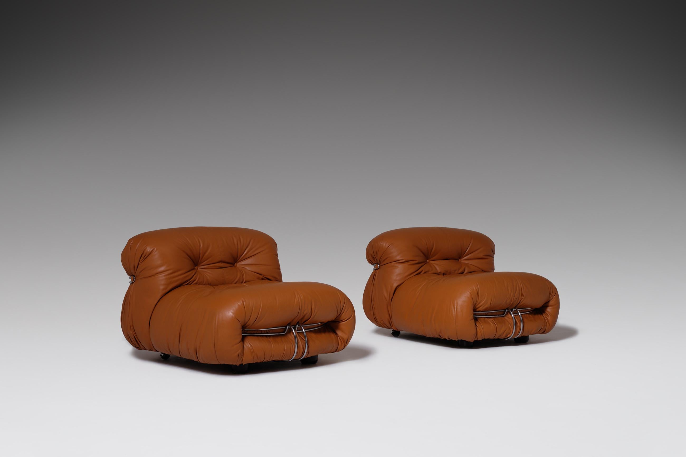 Soriana Lounge Chairs in Cognac Leather by Afra & Tobia Scarpa, Italy, 1969 In Good Condition In Rotterdam, NL