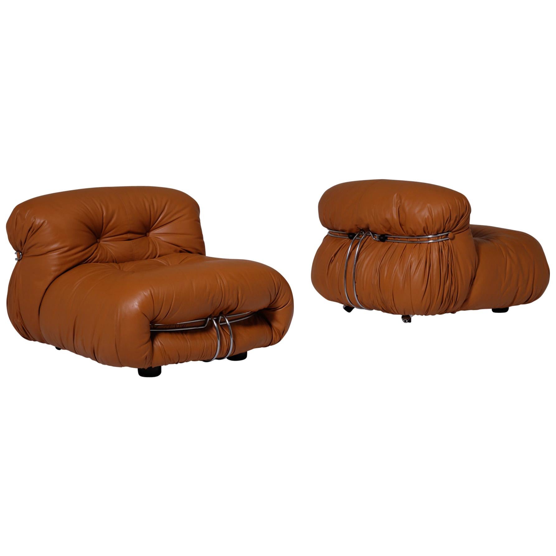 Soriana Lounge Chairs in Cognac Leather by Afra & Tobia Scarpa, Italy, 1969