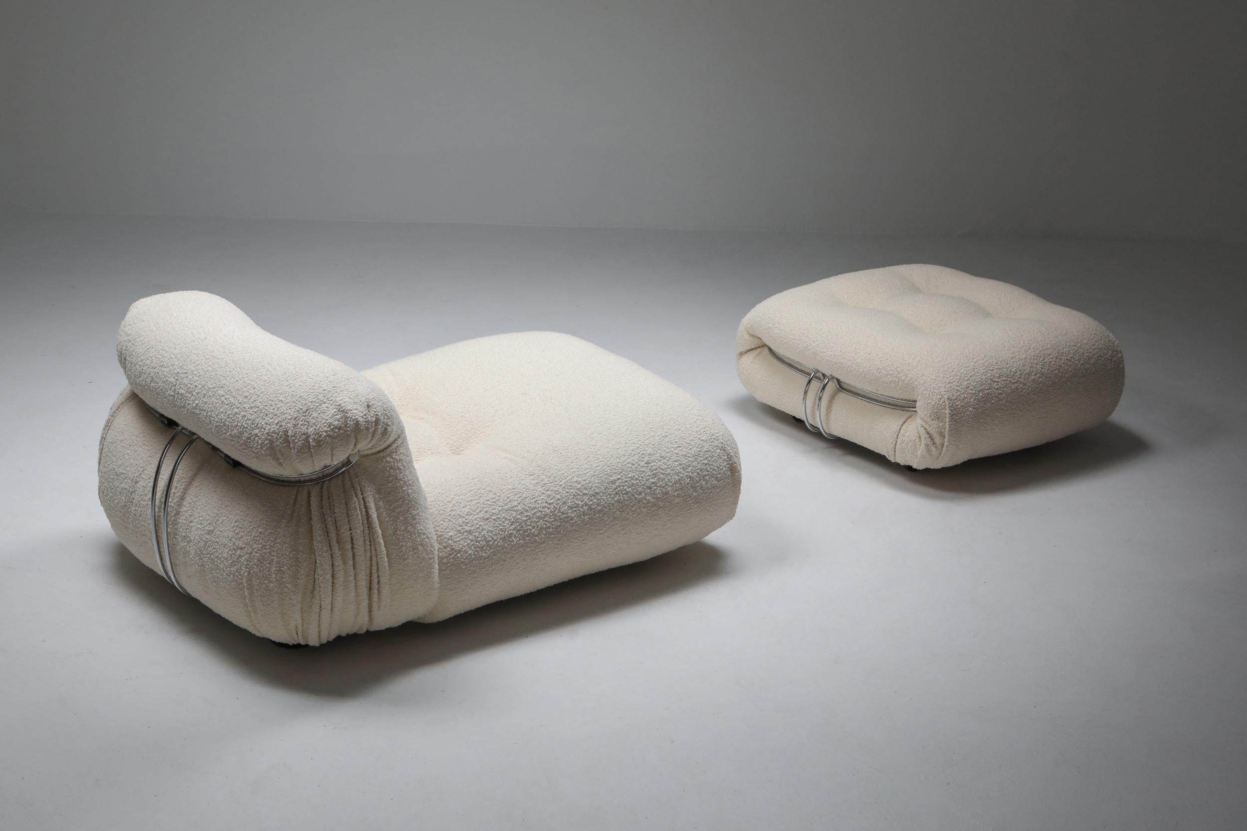 Afra & Tobia Scarpa, Cassina, reupholstered in ivory bouclé wool, 

Post-modern lounge chair with ottoman manufactured by Cassina in the 1970s.
We have more Soriana pieces in store, 
a few chairs, two seaters and three seaters.
We also offer en