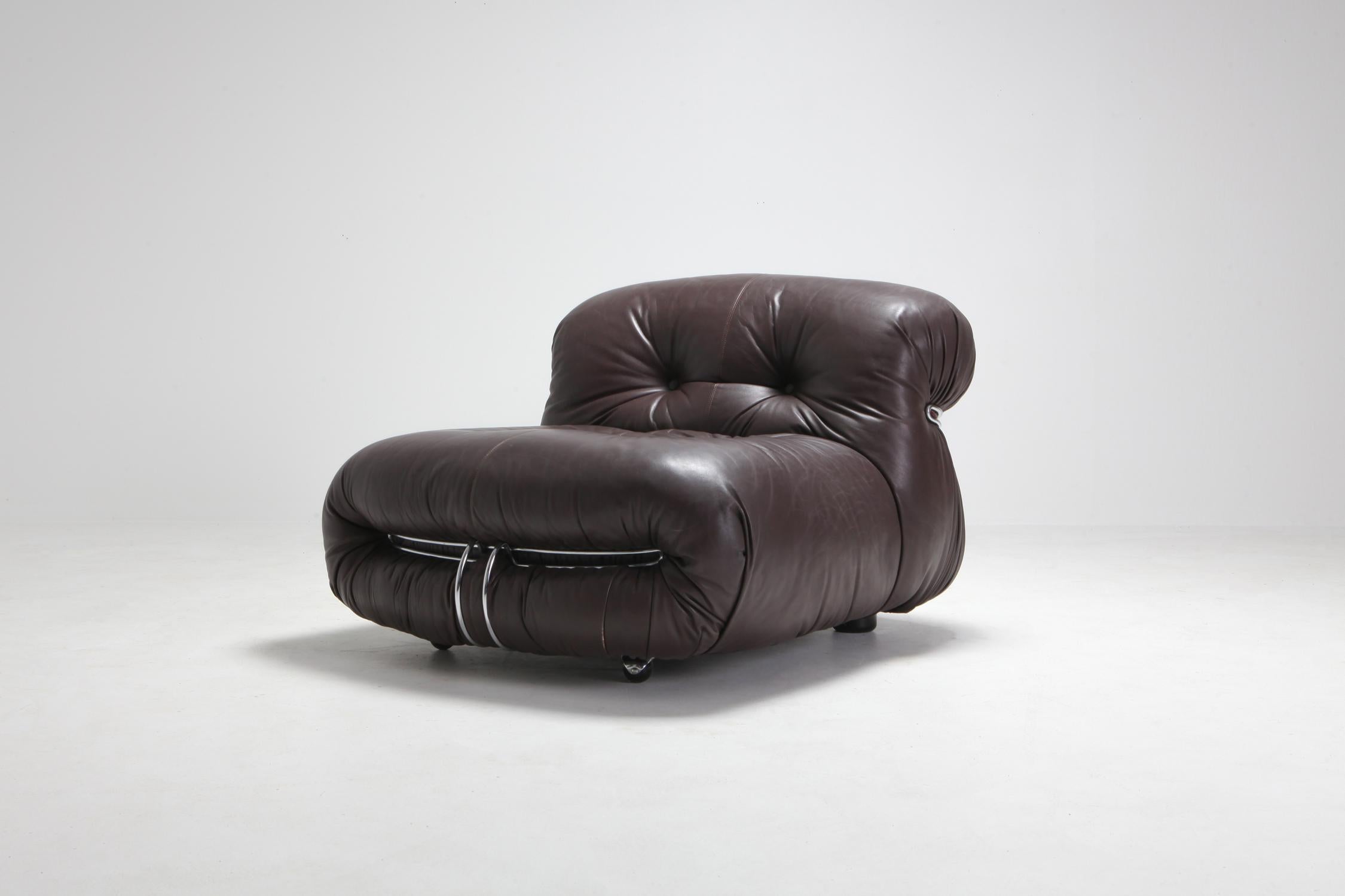 Post-Modern Soriana Pair of Lounge Chairs in Dark Brown Leather