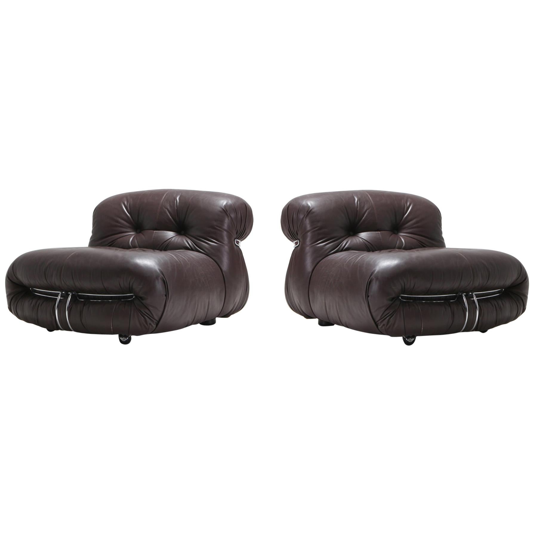 Soriana Pair of Lounge Chairs in Dark Brown Leather