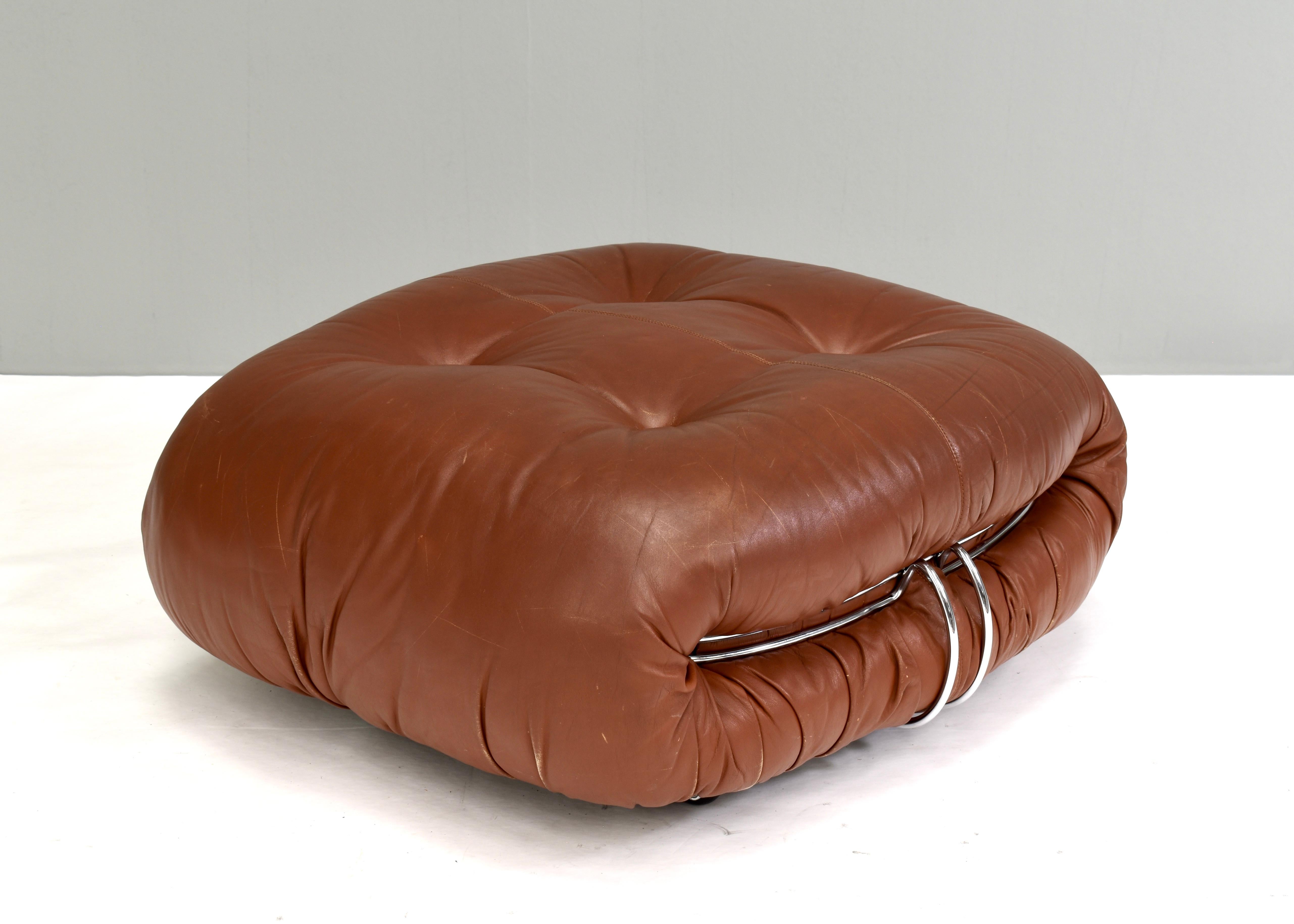 Chrome Soriana Pouf in Original Tan Leather by Tobia Scarpa for Cassina, Italy, 1970