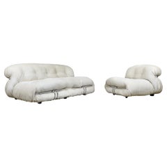 Soriana sofa and lounge chair in original white corduroy by Afra & Tobia Scarpa