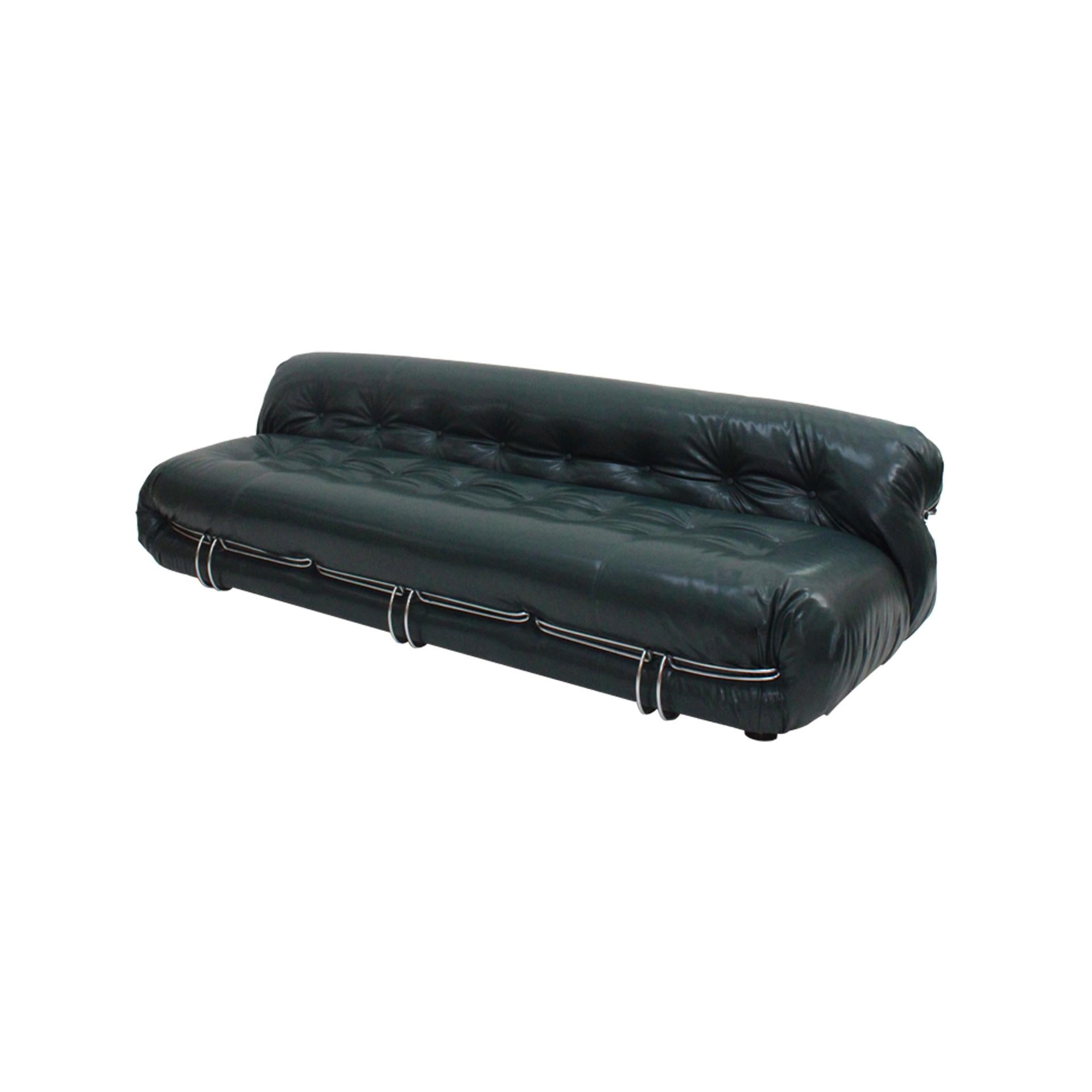 Sofá Soriana de Tobia Scarpa para Cassina, Italia Años 60, Piel verde y acero Moderno de mediados de siglo en venta