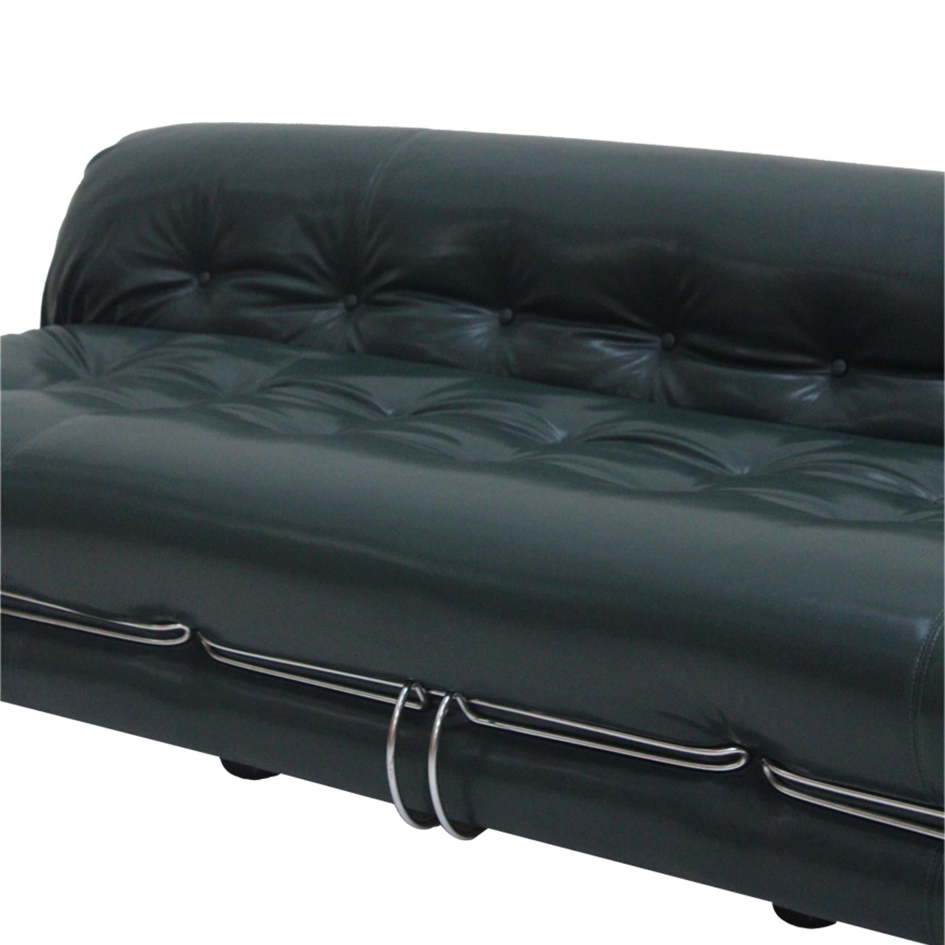 Sofá Soriana de Tobia Scarpa para Cassina, Italia Años 60, Piel verde y acero en Bueno estado para la venta en Madrid, ES