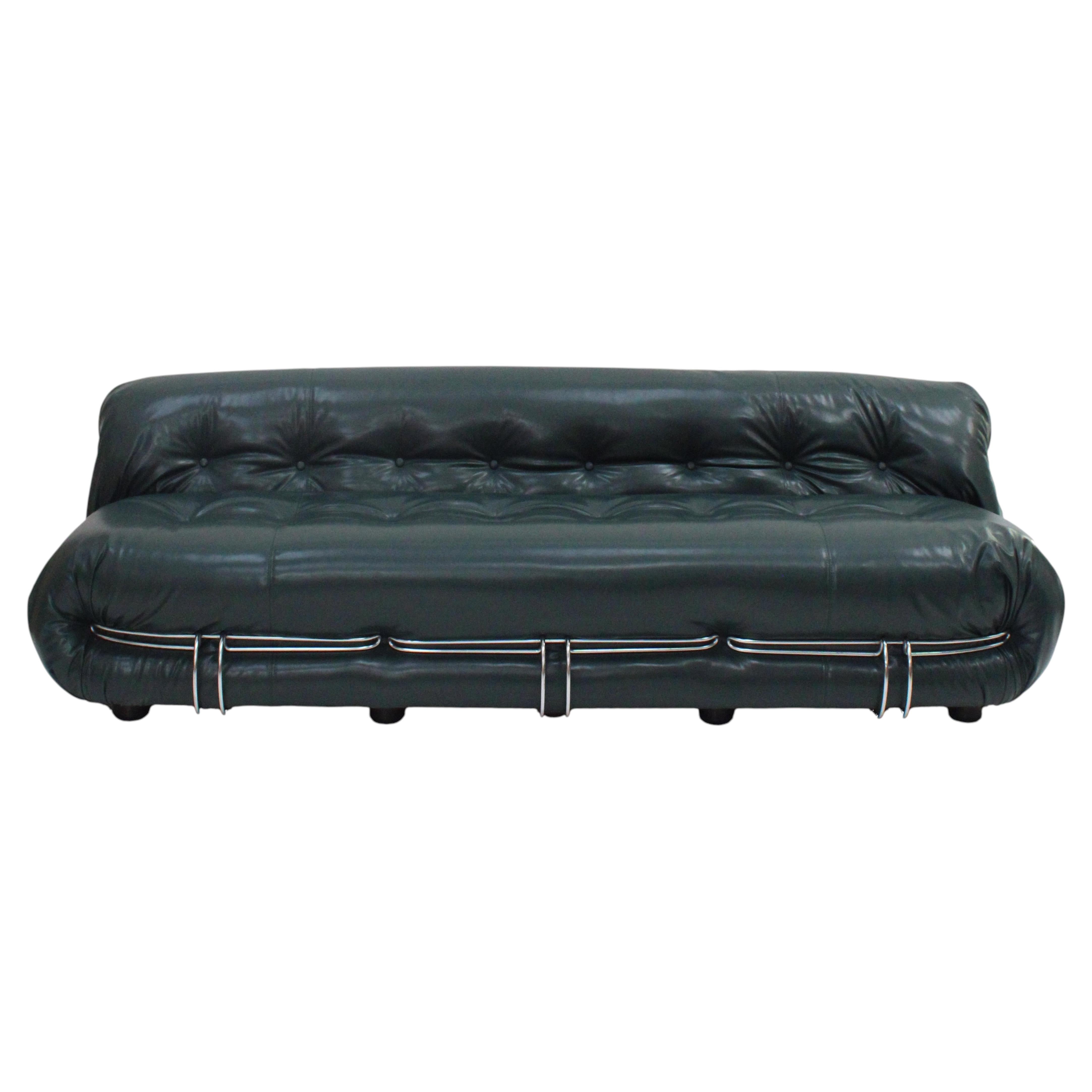 Soriana Sofa by Tobia Scarpa for Cassina, Italy 1960s, Green Leather and Steel