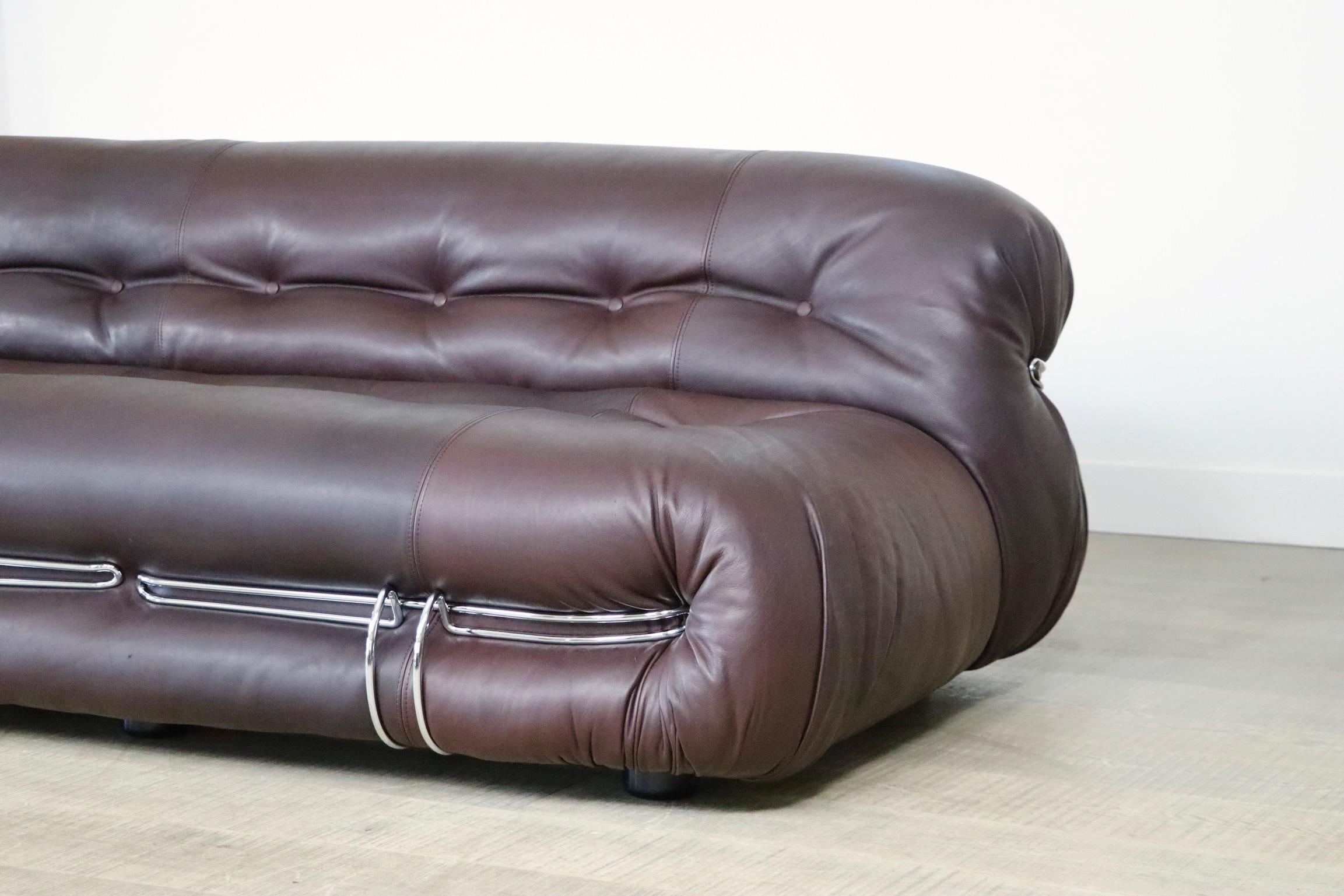 Mid-20th Century Soriana sofa in brown leather by Afra & Tobia Scarpa for Cassina, 1970s