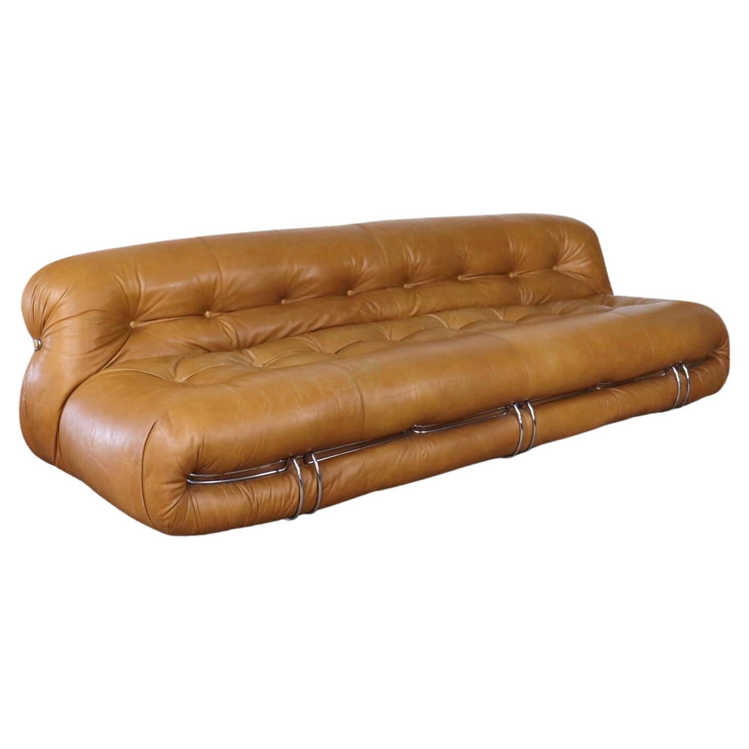 Soriana Sofa in Cognac Leather by Afra & Tobia Scarpa for Cassina, 1970s