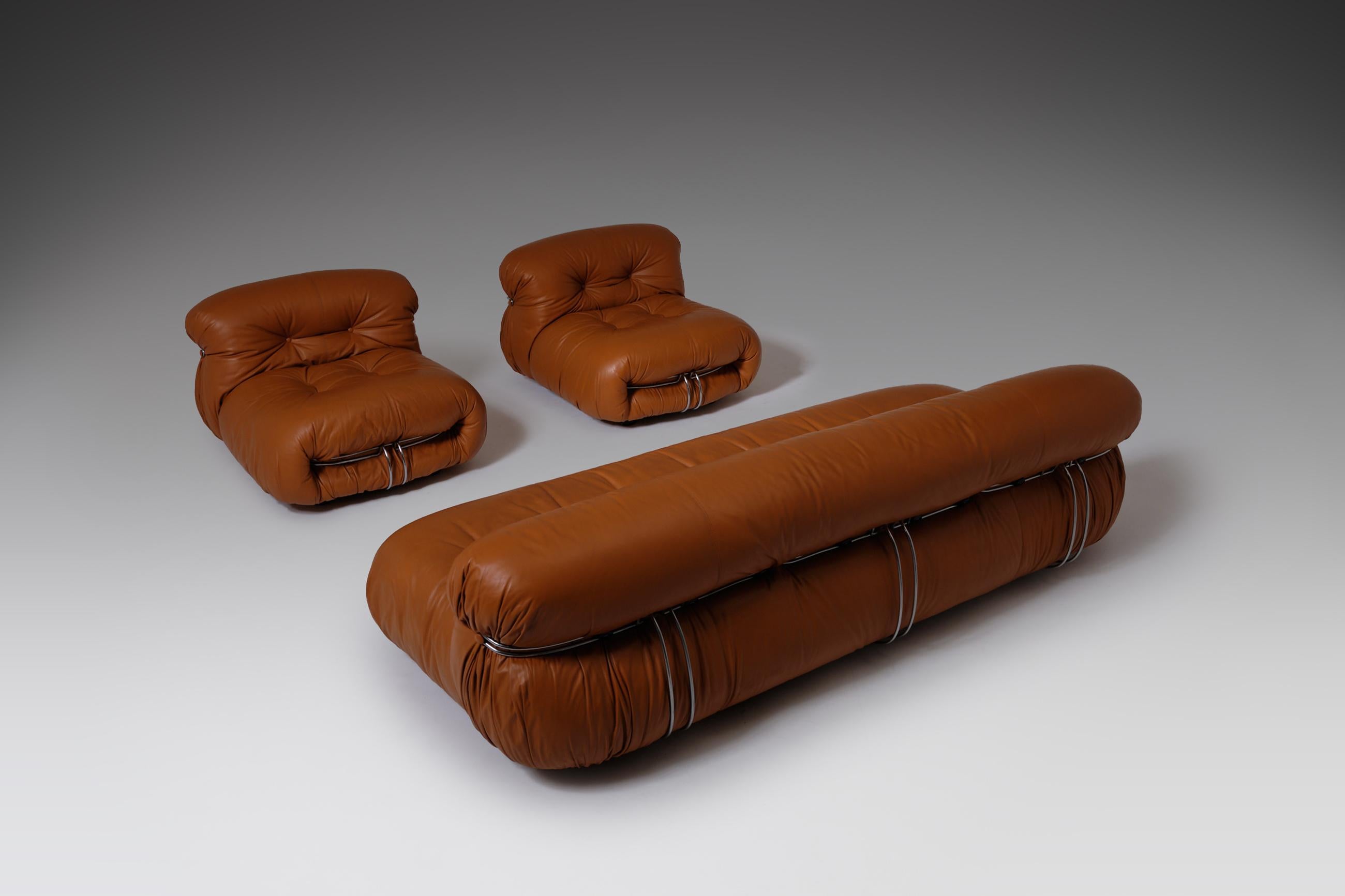Soriana Three-Seat Sofa in Cognac Leather by Afra & Tobia Scarpa, Italy, 1969 4
