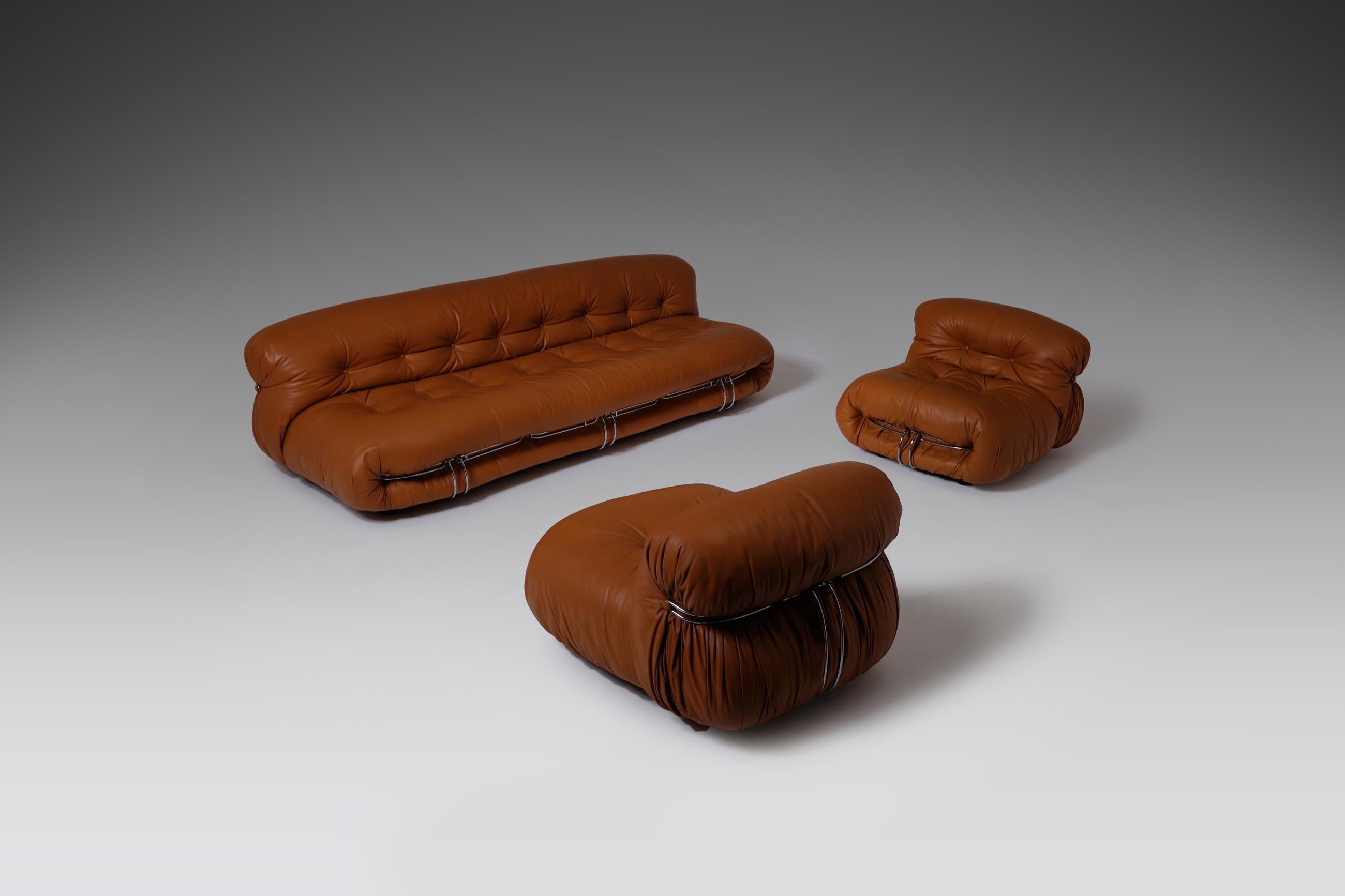 Soriana Three-Seat Sofa in Cognac Leather by Afra & Tobia Scarpa, Italy, 1969 5