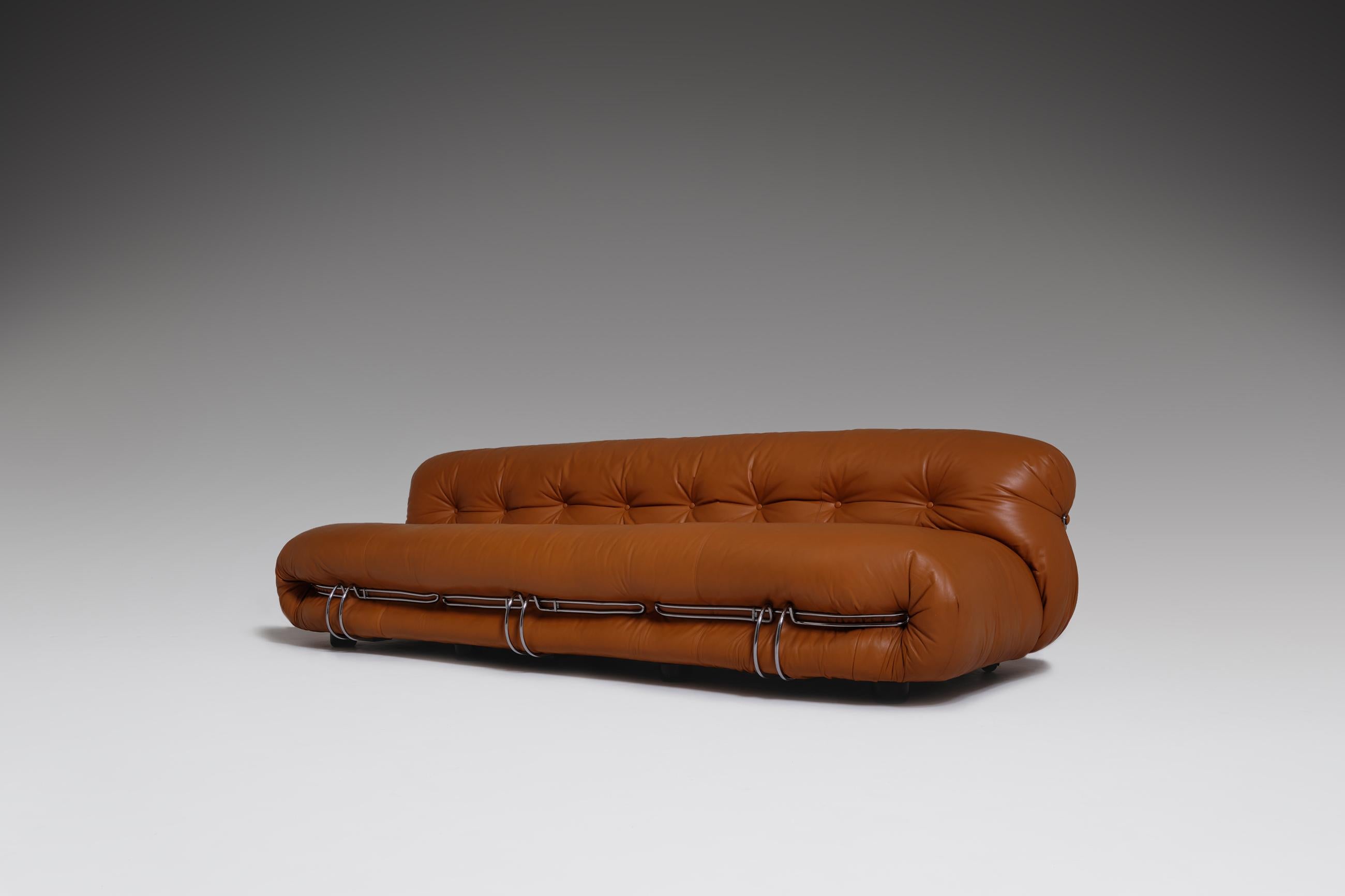 Mid-Century Modern Soriana Three-Seat Sofa in Cognac Leather by Afra & Tobia Scarpa, Italy, 1969