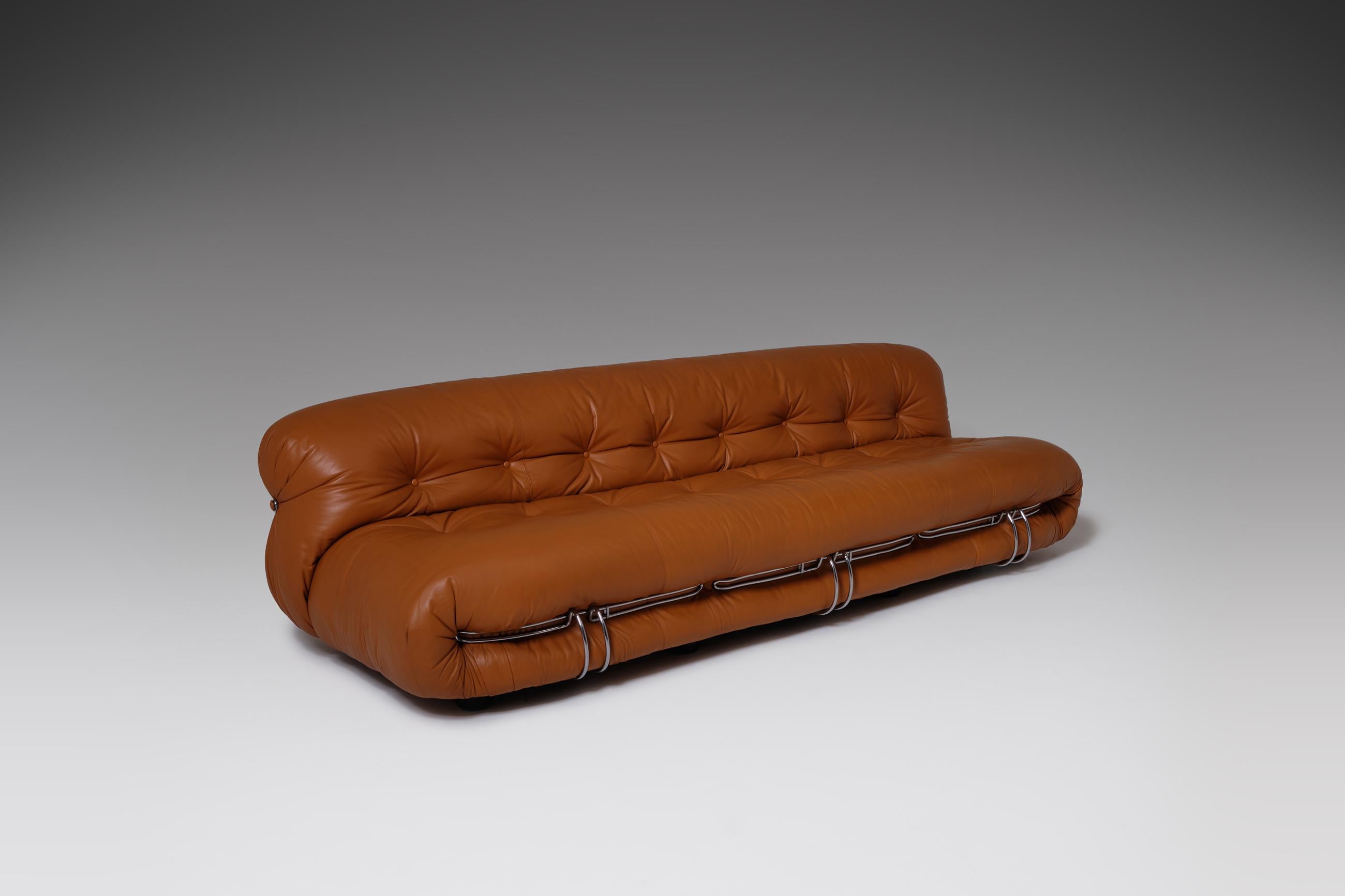 Italian Soriana Three-Seat Sofa in Cognac Leather by Afra & Tobia Scarpa, Italy, 1969