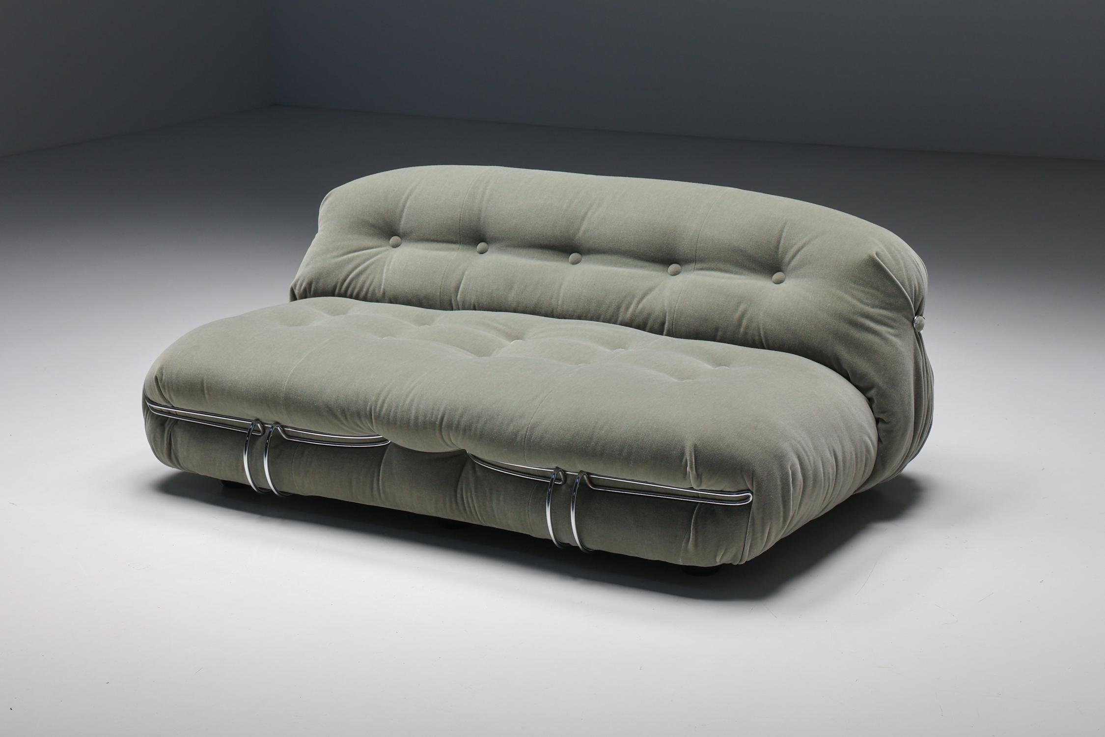 Scarpa; Afra & Tobia Scarpa; Soriana Sofa; Cassina; 1970s; Italian Design; Italy; Two Seater; Post-Modern; Green; Fabric; Mohair;

This Soriana two-seater sofa, reupholstered in 100% mohair, was designed by Afra & Tobia Scarpa and manufactured by