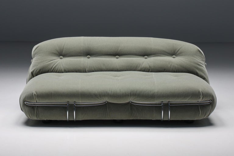 Chrome Soriana Two Seater by Afra & Tobia Scarpa for Cassina, Green Mohair For Sale
