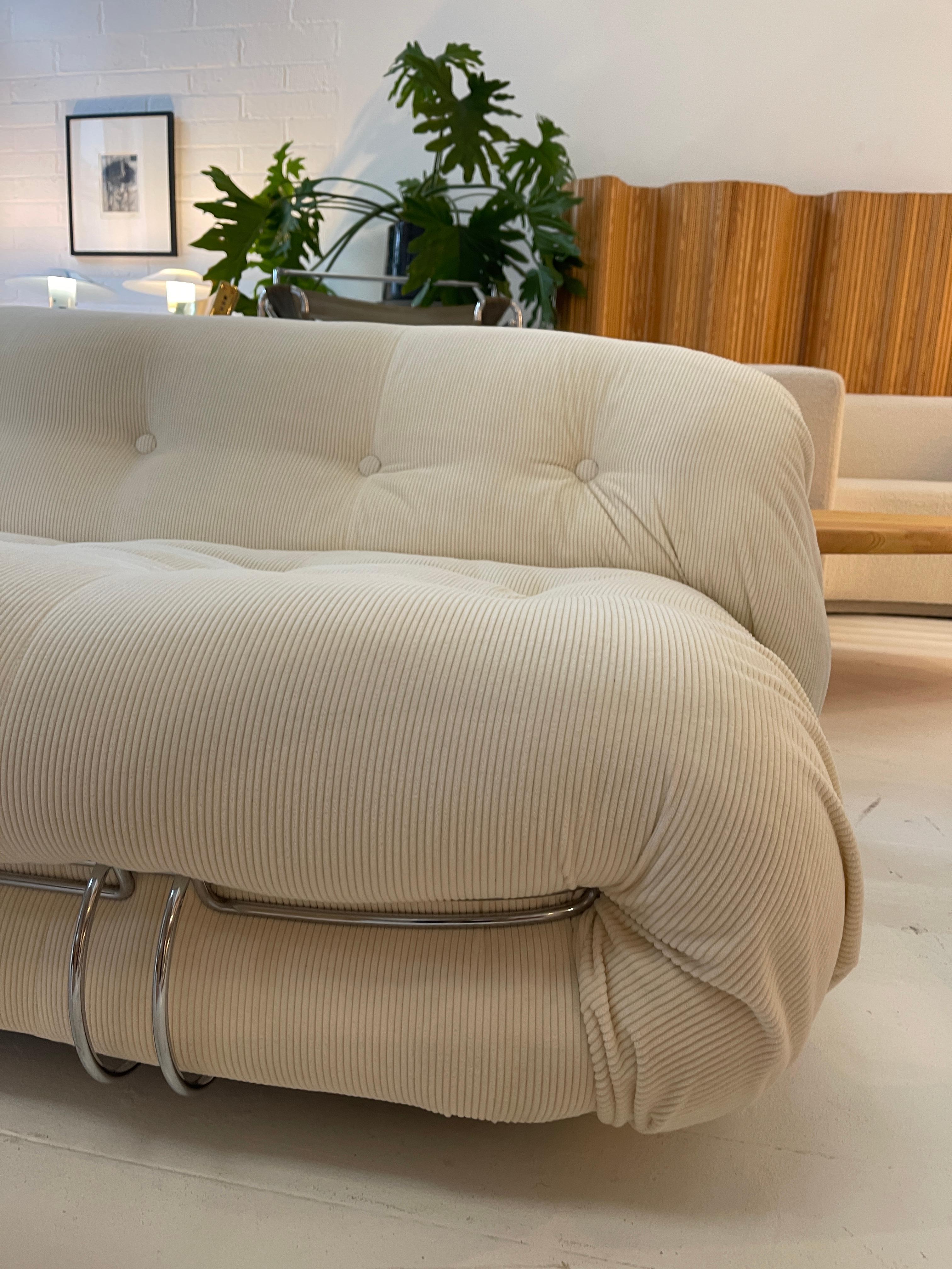 Soriana two-seater sofa by Afra and Tobia Scarpa for Cassina newly reupholstered in cream corduroy fabric.
    