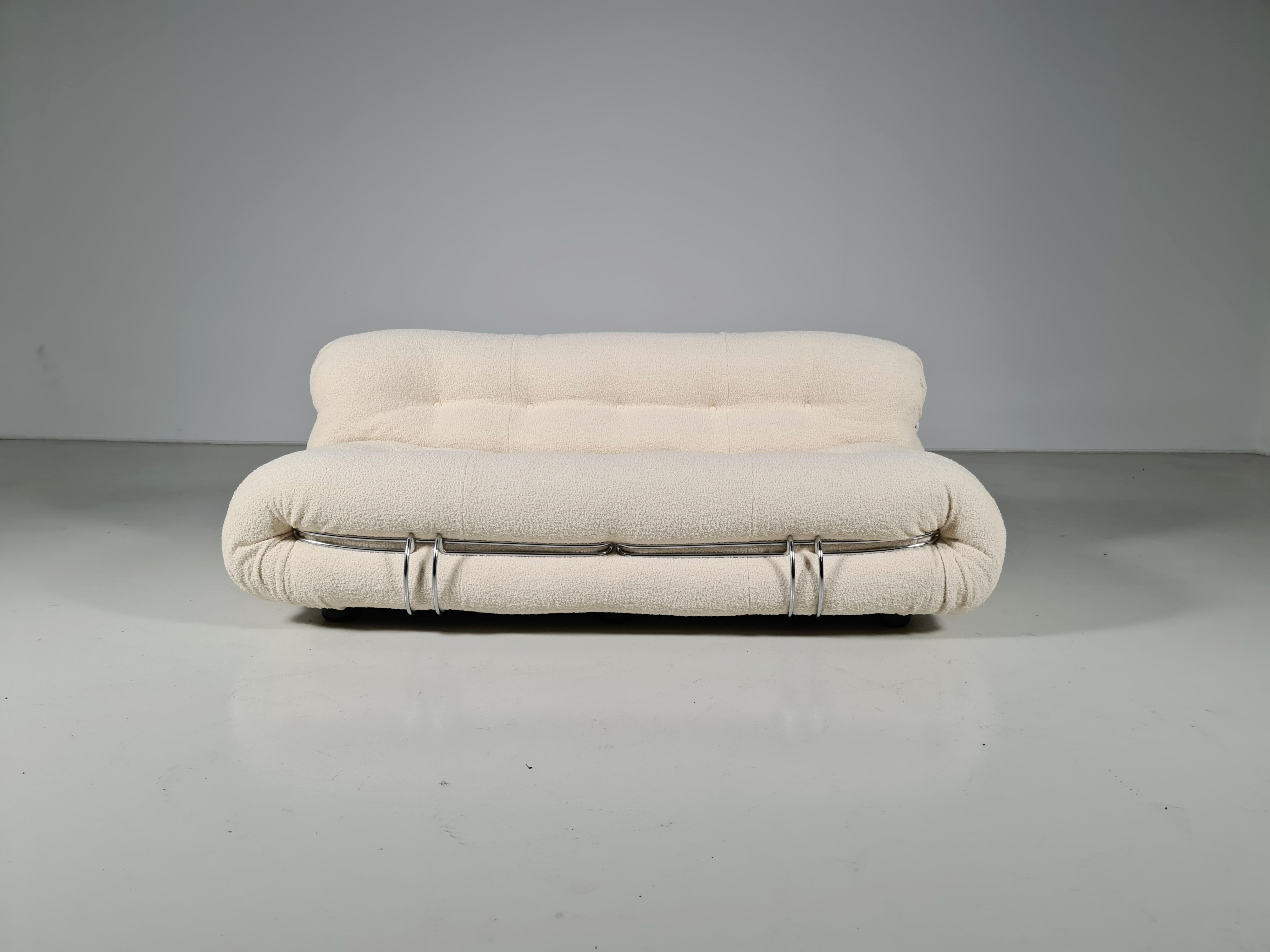 Soriana sofa by Afra & Tobia Scarpa for Cassina, Italy, 1970, The sofa is reupholstered in a beautiful boucle by Bisson Bruneel, giving it a very luxurious and residential appearance. The original foam is in perfect condition and shows it’s