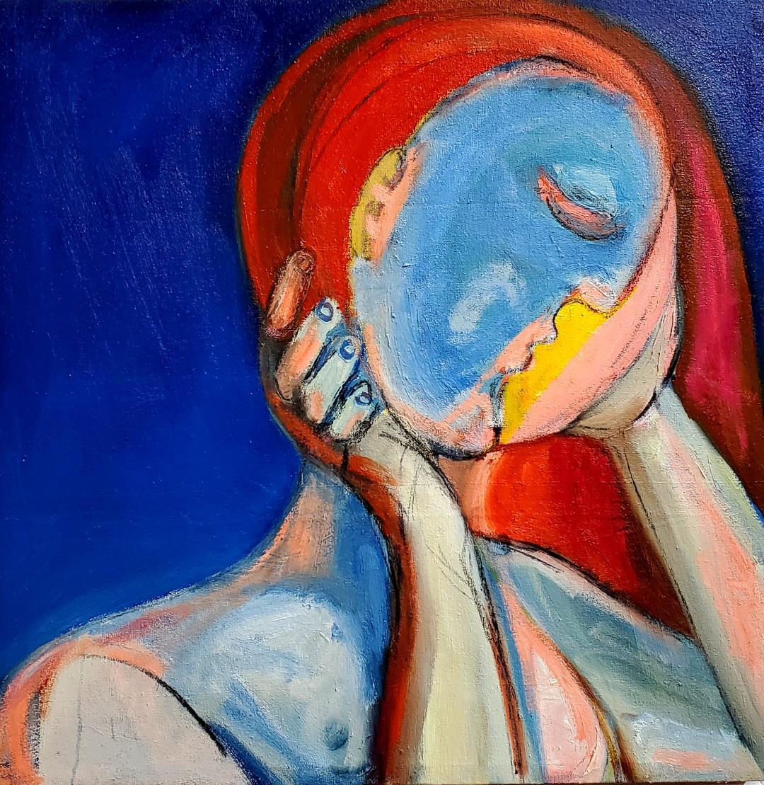 "Closure", Abstract Expressionist, Portrait, Blue, Red, Orange, Oil Painting