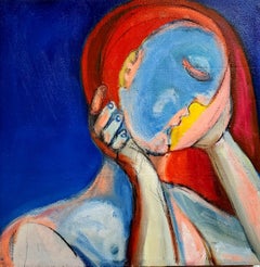 "Closure", Abstrakter Expressionist, Porträt, Blau, Rot, Orange, Ölgemälde