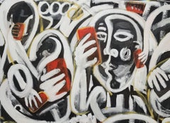 "Disconnected", Abstract Expressionist, Faces, Red, Black, White, Oil Painting