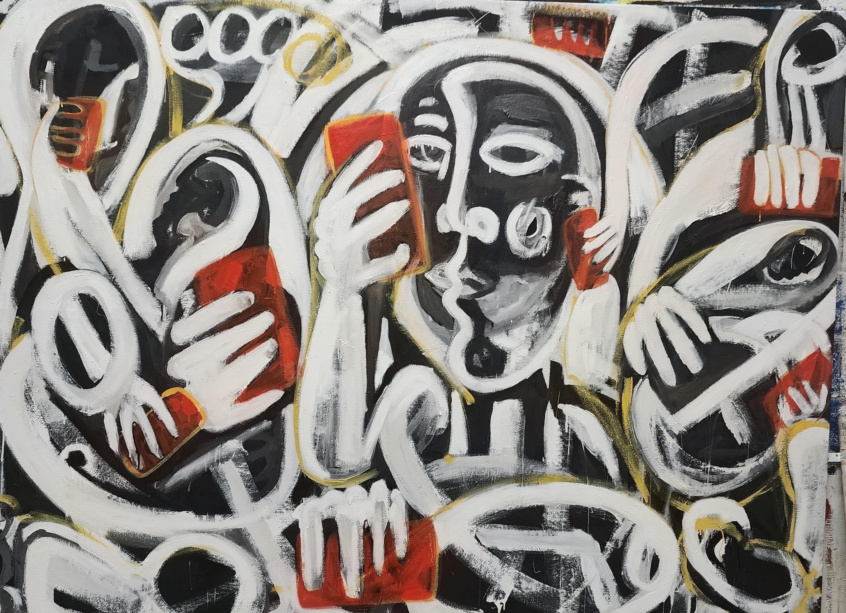 "Disconnected", Abstract Expressionist, Faces, Red, Black, White, Oil Painting