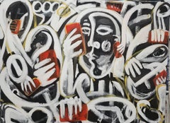 "Disconnected", Abstract Expressionist, Faces, Red, Black, White, Oil Painting