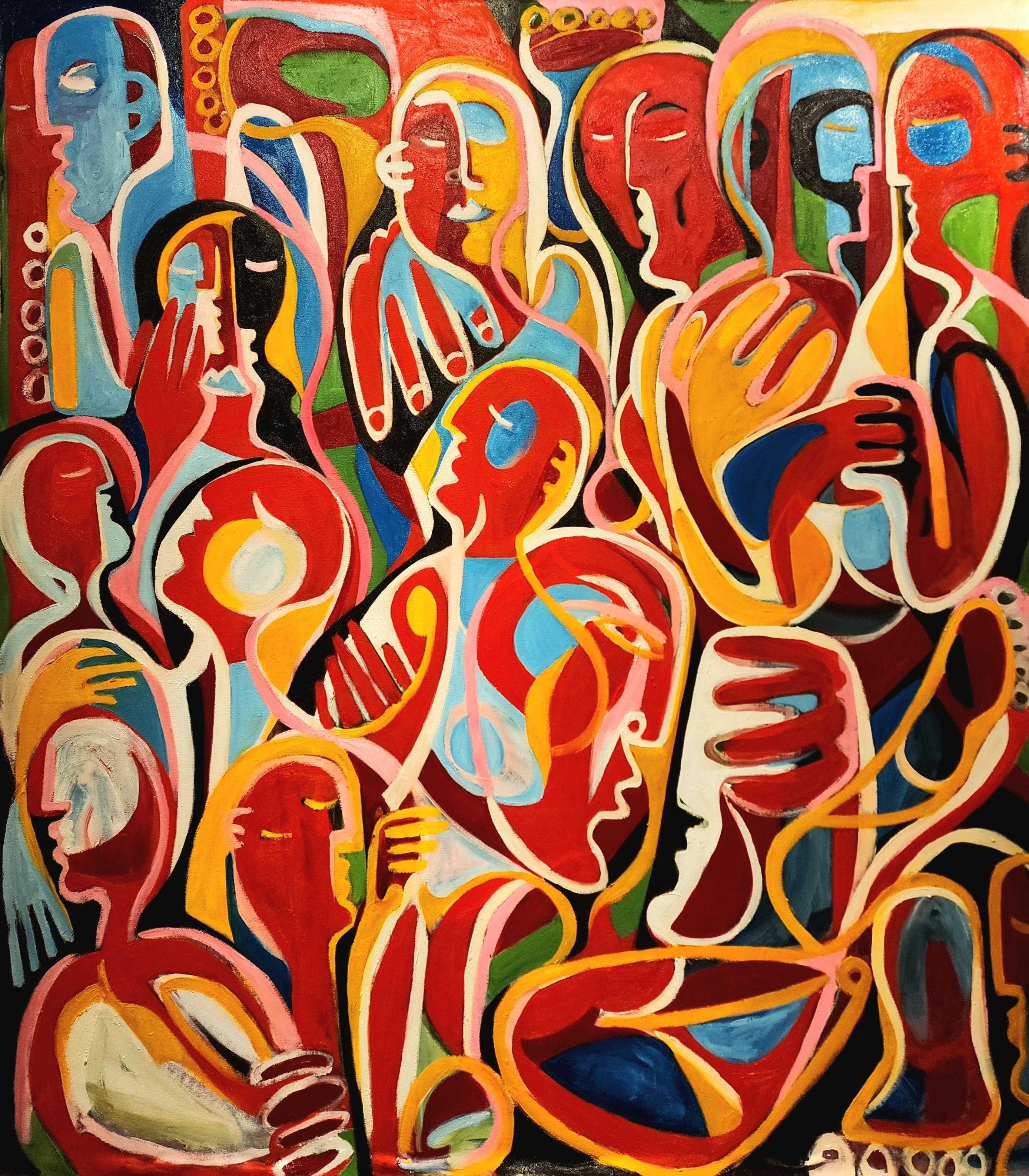 "Empathy", Abstract Expressionist, Figurative, Red, Yellow, Blue, Oil Painting