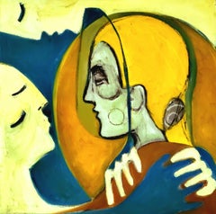 "I Can Assure You", Expressionniste abstrait, Portrait, Jaune, Bleu, Peinture à l'huile