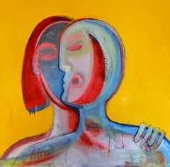 "I Have Your Back", expressionniste abstrait, portrait, rouge, bleu, peinture à l'huile