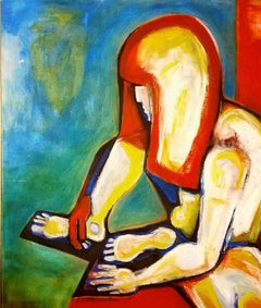 "Imagine", Expressionniste abstrait, Rouge, Jaune, Blanc, Bleu, Peinture à l'huile