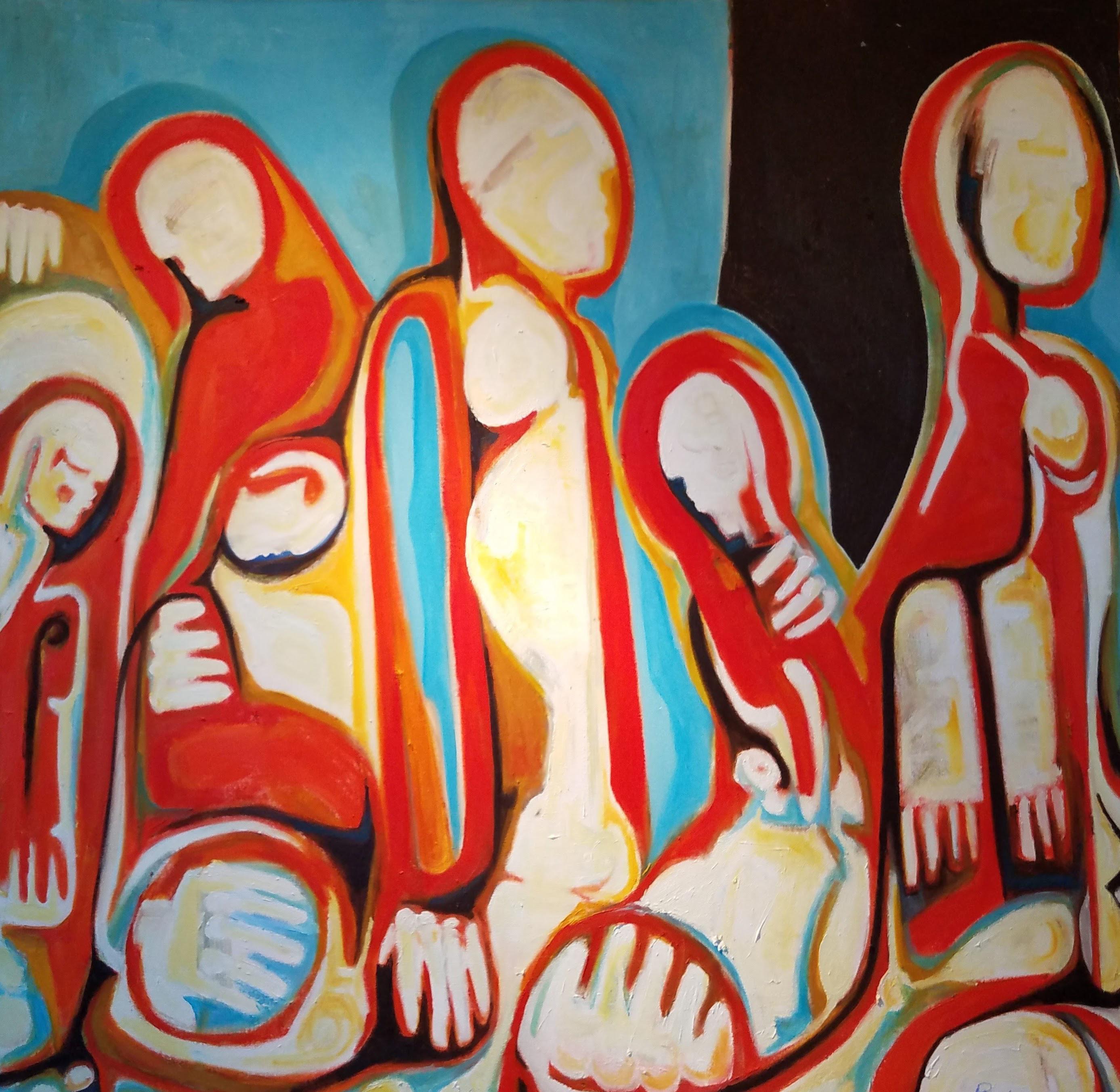 "It's Better Here", Abstract Expressionist, Figures, Yellow, Red, Oil Painting