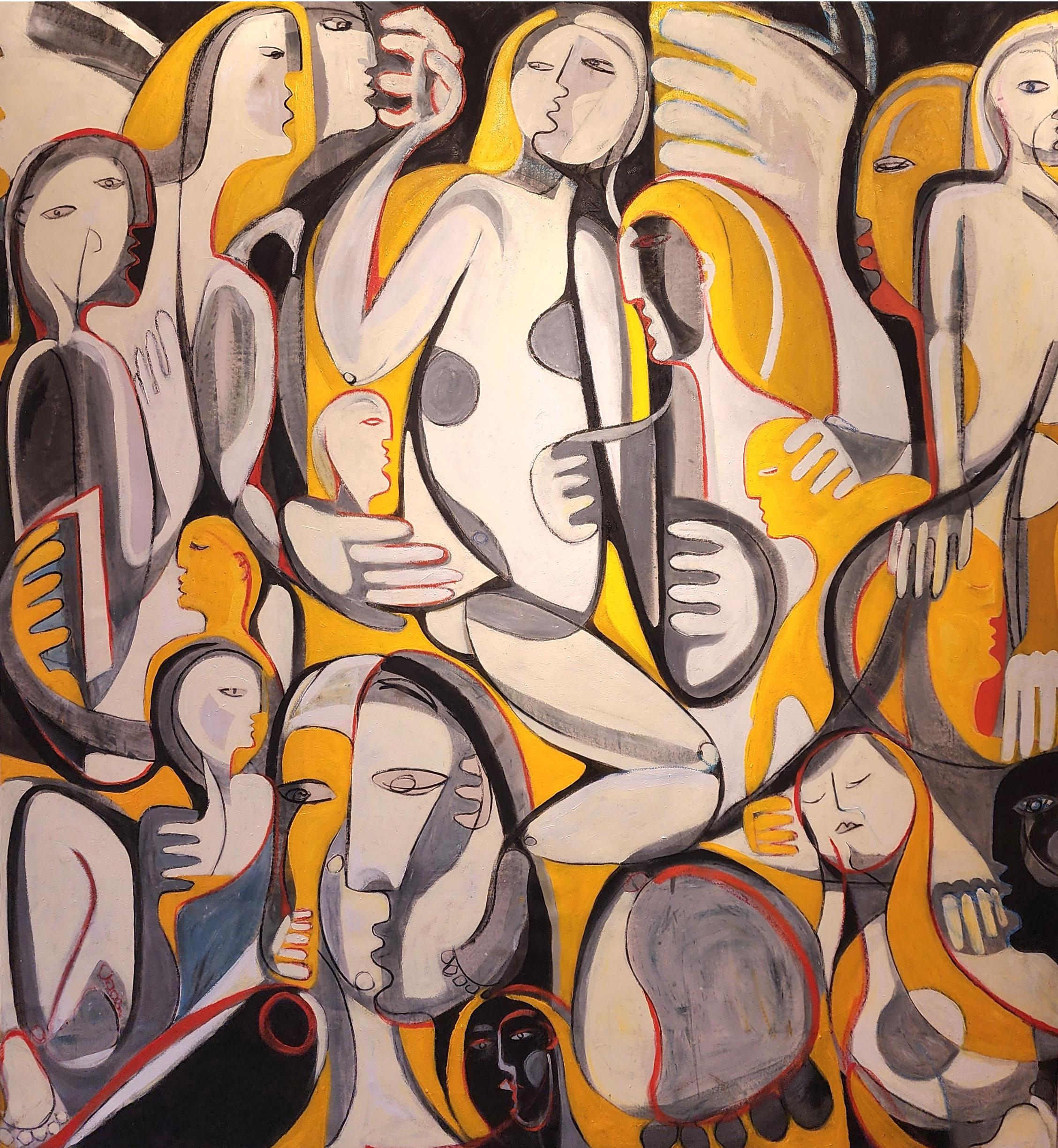 "Try Not to Dream", Abstract Expressionist, Figures, Yellow, Gray, Oil Painting