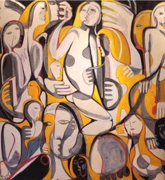 "Try Not to Dream", Abstrakter Expressionist, Figuren, Gelb, Grau, Ölgemälde