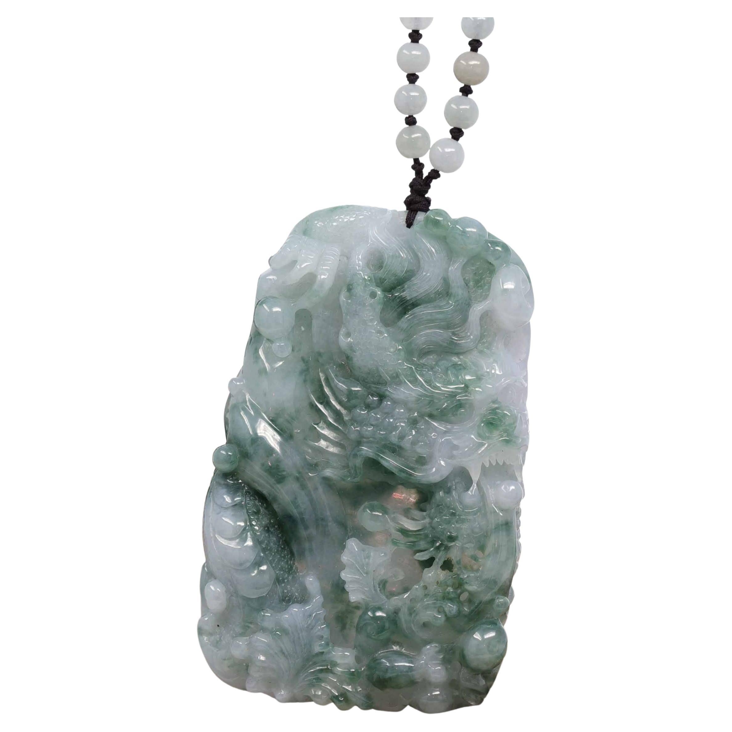 Natural Deep Blue Green Jadeite Jade "Roaring Tiger" Pendant Necklace