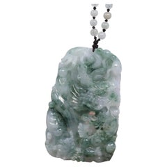 Used "Soring Dragon" Natural Jadeite Jade Blue Green Pendant Necklace, Collectible 