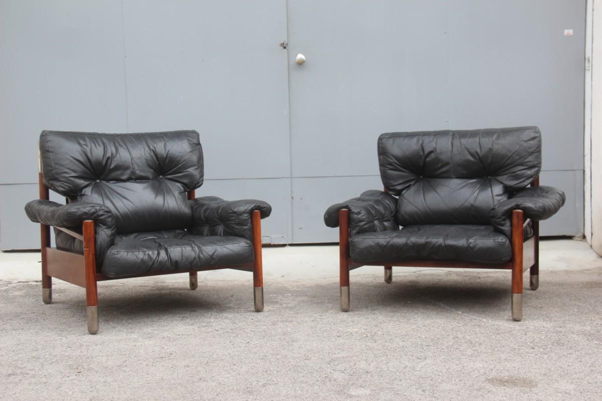 Midcentury Sormani Carlo de Carli pair of armchairs back leather Italian design, 1960s.