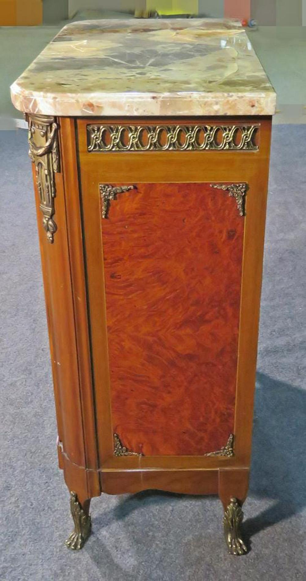 Louis XV Sormani Style Inlaid Marble Top Side Cabinet with Bronze Mounts, Circa 1940