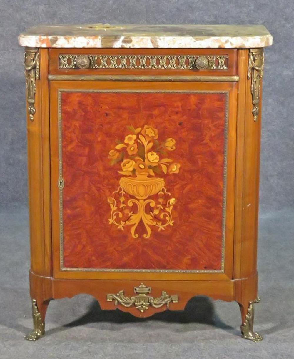 Walnut Sormani Style Inlaid Marble Top Side Cabinet with Bronze Mounts, Circa 1940