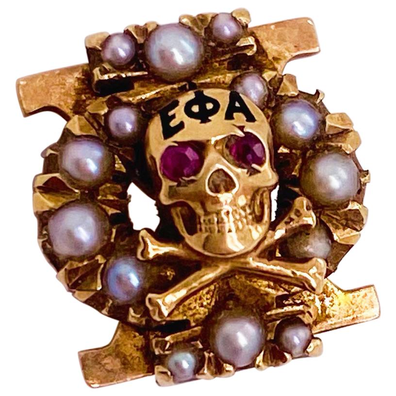 Sorority Skull Chi Omega Seed Pearl Pin, Ruby Eyes and Pearl Skull, 1930
