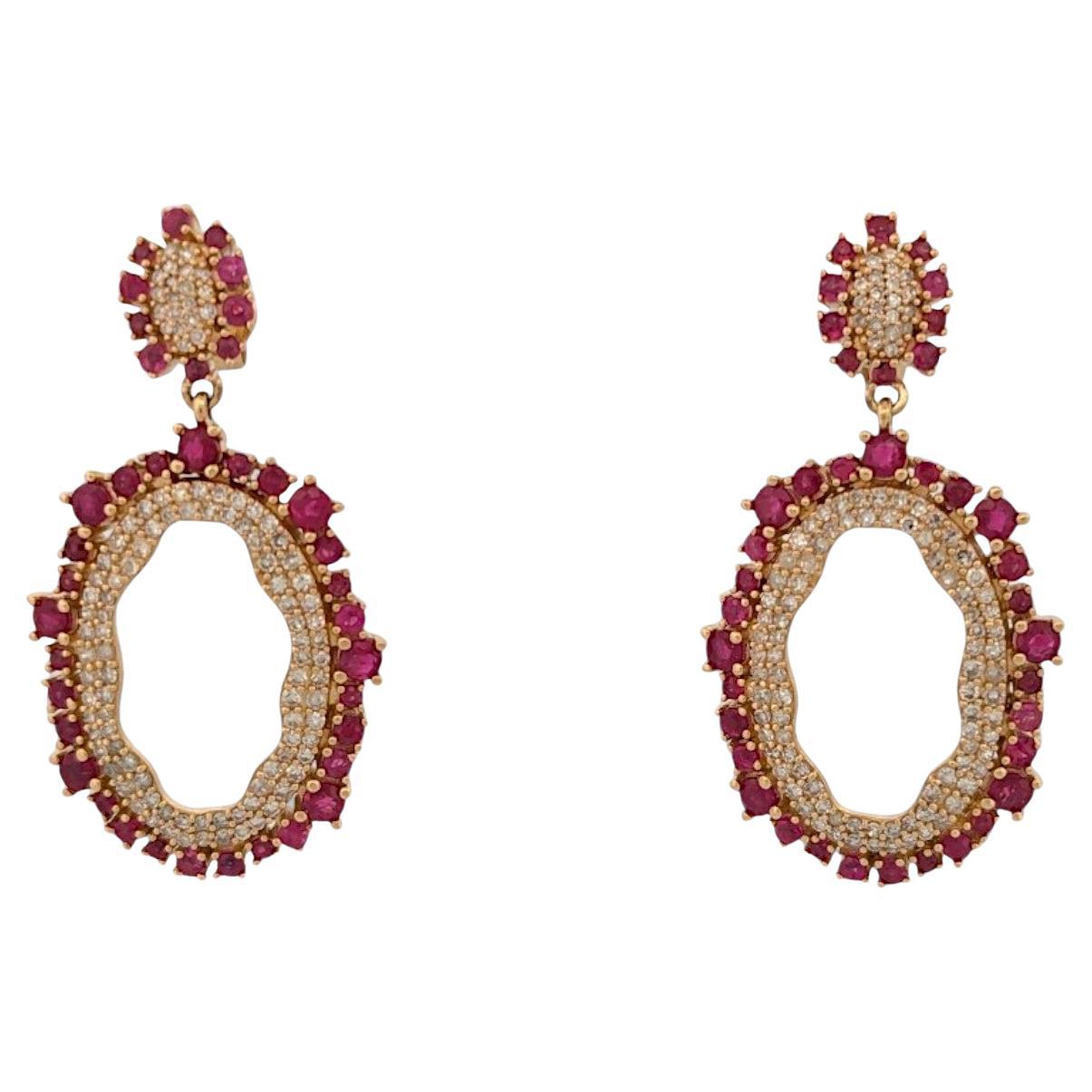 Boucles d'oreilles en or jaune 14K avec rubis et diamants, 2.86ct Ruby Gemstone Earrings en vente
