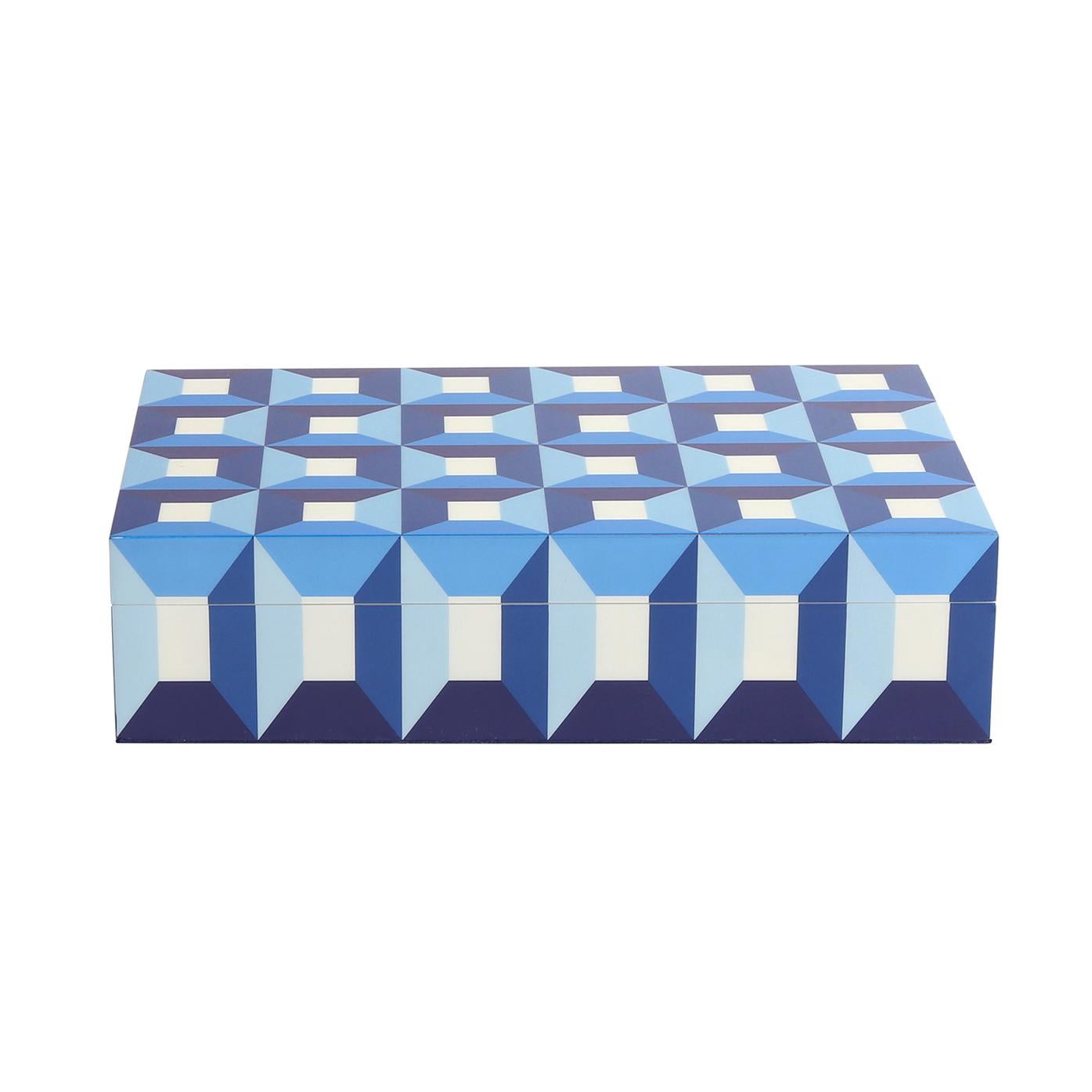 Luxe lacquer. Featuring hand-finished patterns in glossy lacquer, our Sorrento lacquer boxes bring brilliant blue hues and trippy dimensionality to your shelf, mantel, or tablescape. Keep your possessions handy but hidden. Three sizes for stashing,