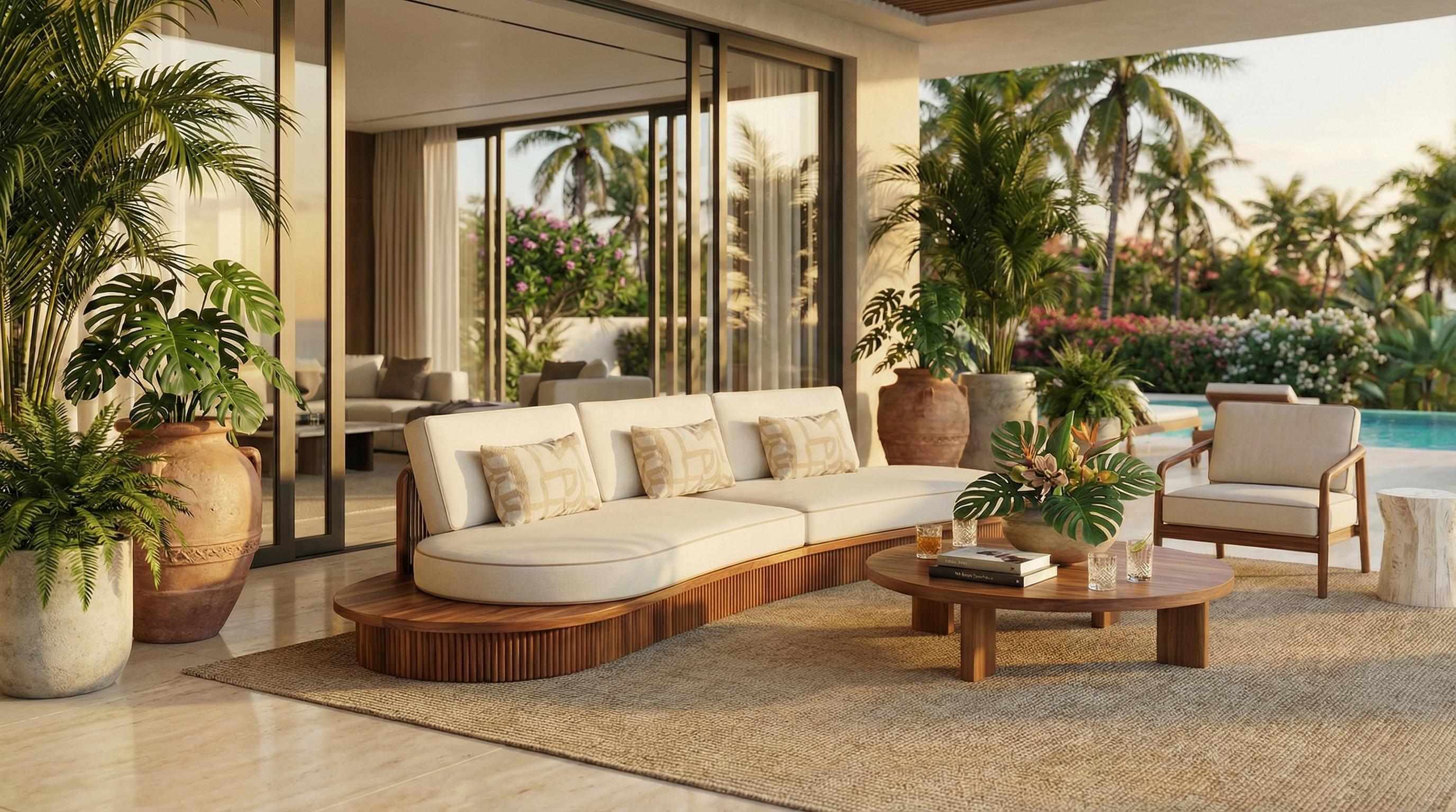 Moderne Canapé d'extérieur Sorrento en Wood Wood Iroko avec base nervurée et détails en Corde en vente