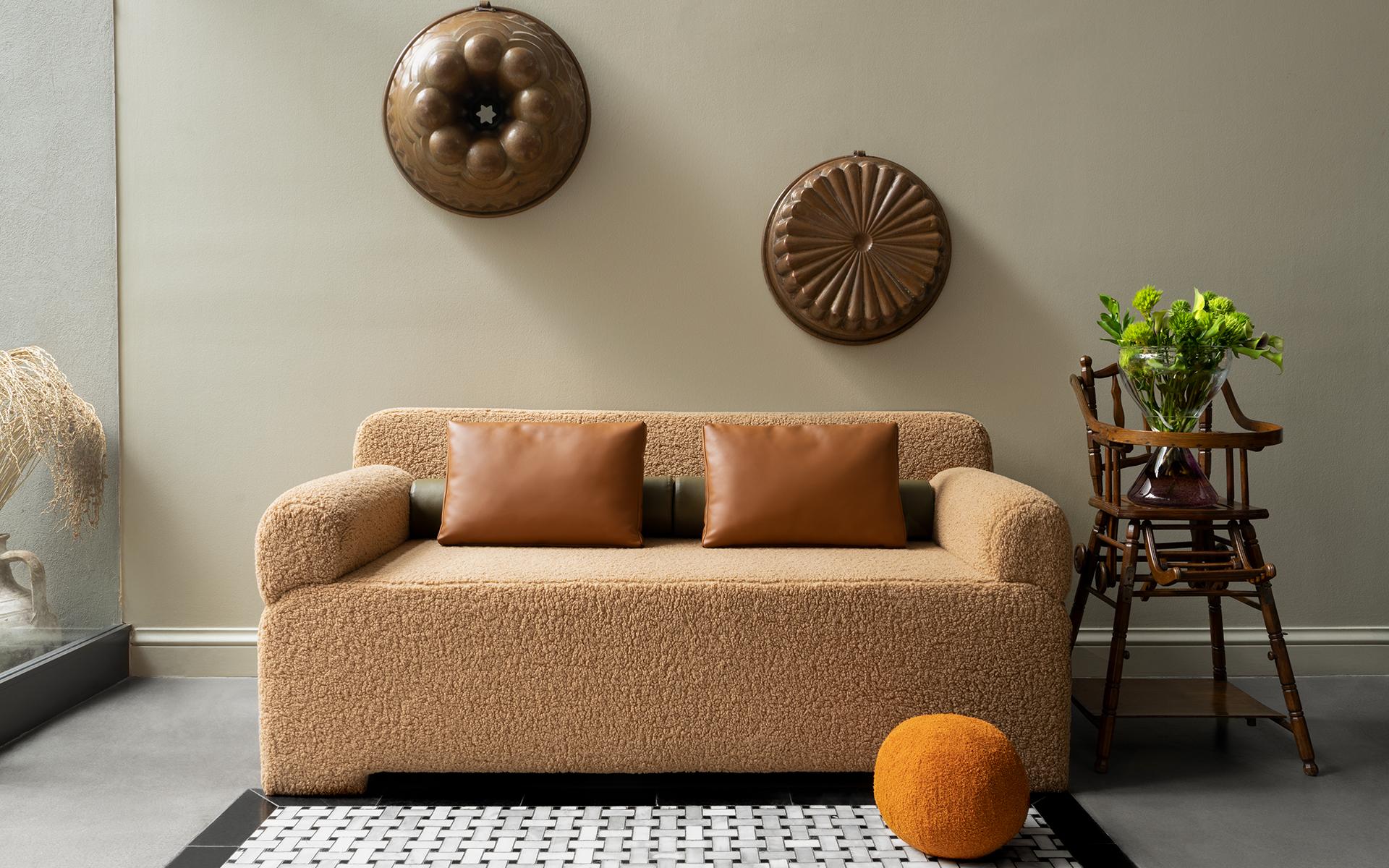 Hand-Crafted Sosa Two Seater Brown Teddy Sofa For Sale