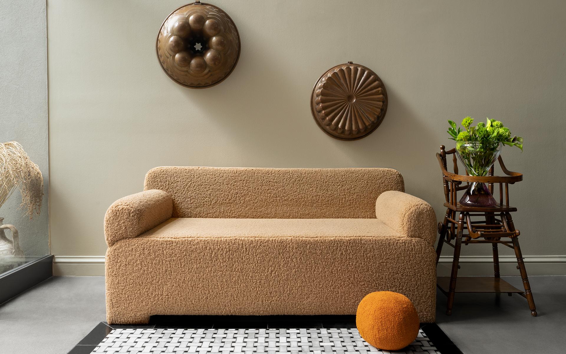 Hand-Crafted Sosa Two Seater Brown Teddy Sofa For Sale