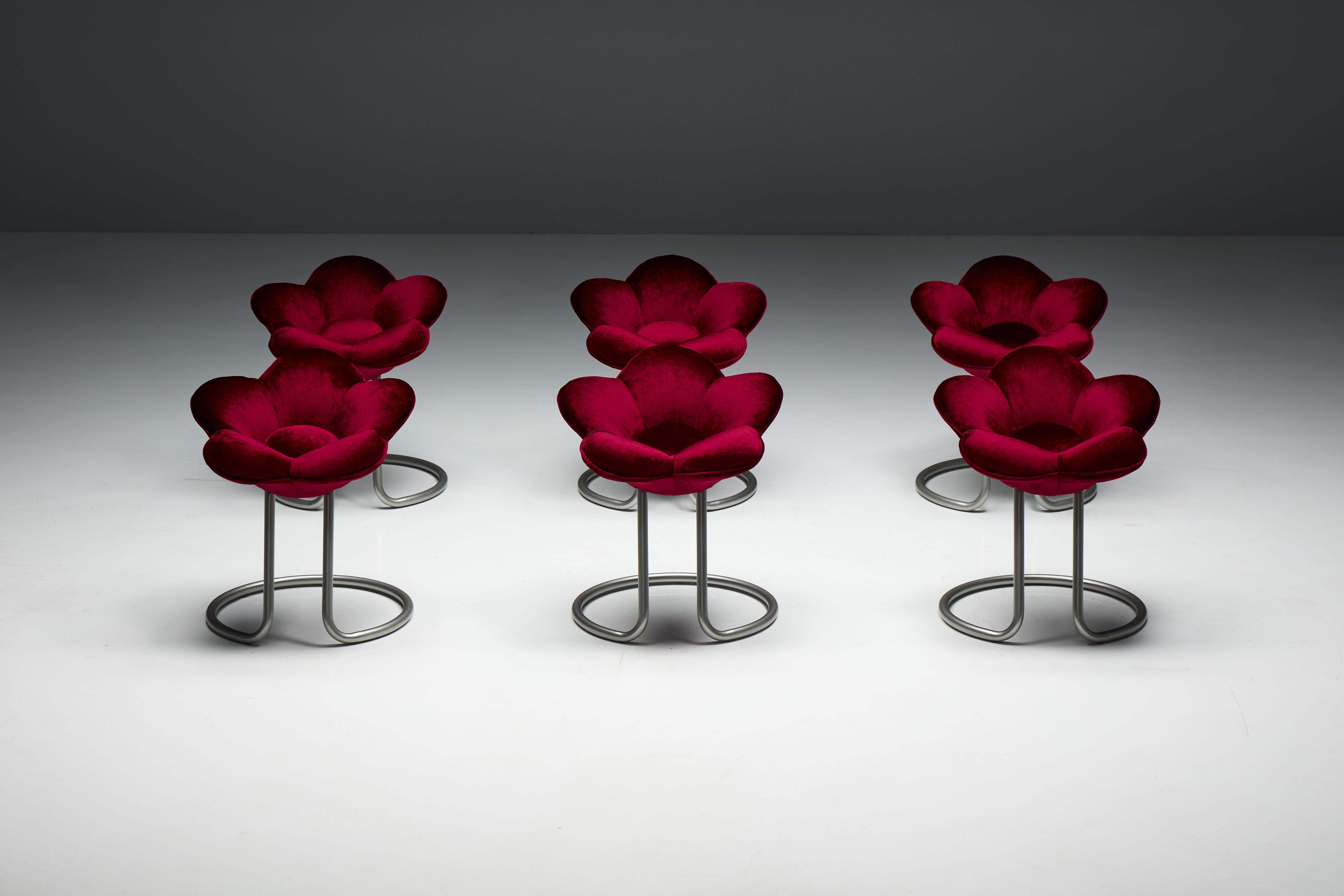 Striking 'Soshun' flower stools by Masanori Umeda for Edra, Italy, 1990s. Designed as sculptural blossoms, each stool features a velvet seat in deep crimson, evoking the softness and elegance of a blooming flower. The organic form contrasts