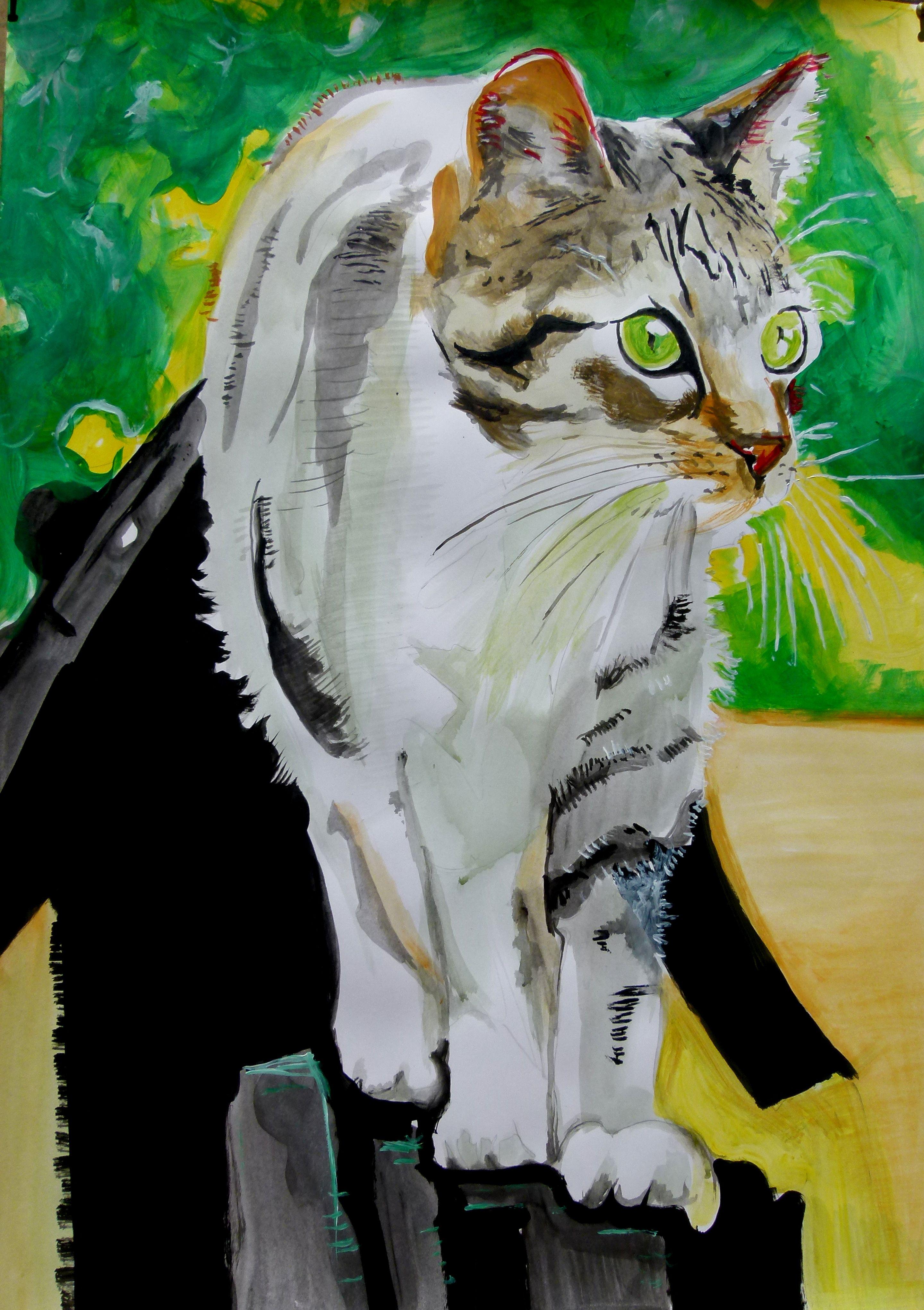 Soso Kumsiashvili Animal Painting - cat, Painting, Acrylic on Paper