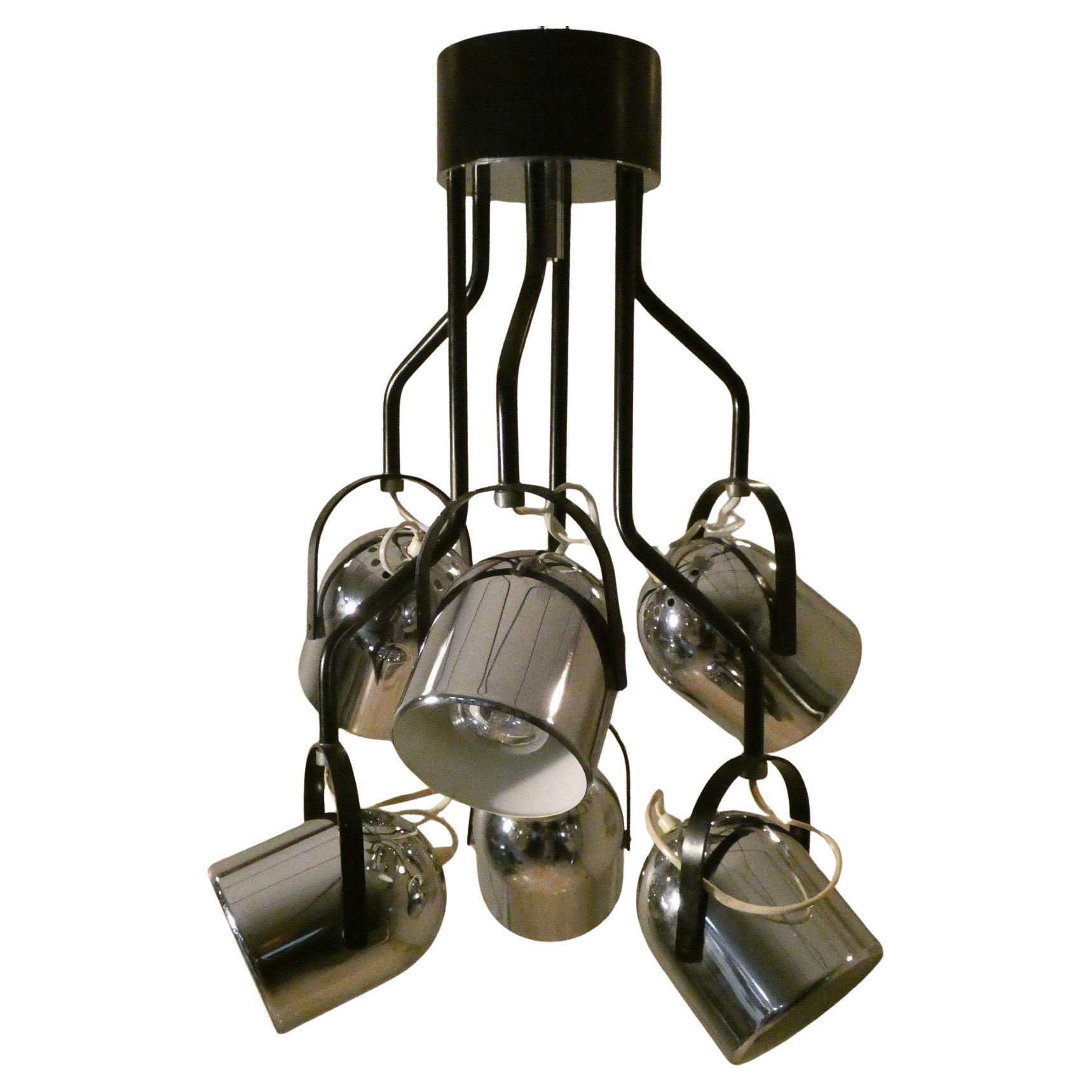 Steel and enamel 6-light pendant lamp attributed to Goffredo Reggiani