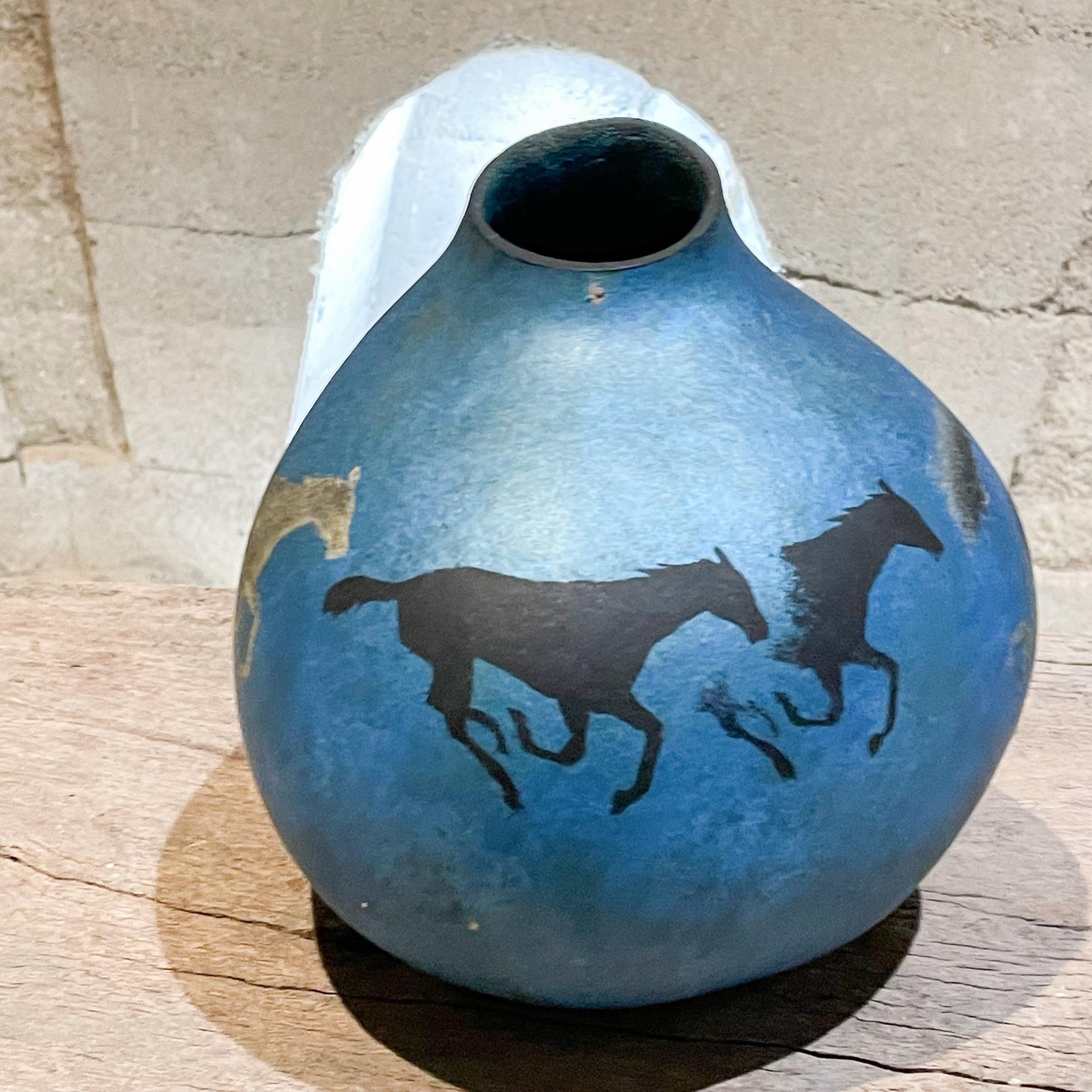 Modern Soszynski Gourd Art Galloping Horses in Metallic Blue Artist Signed 1980s